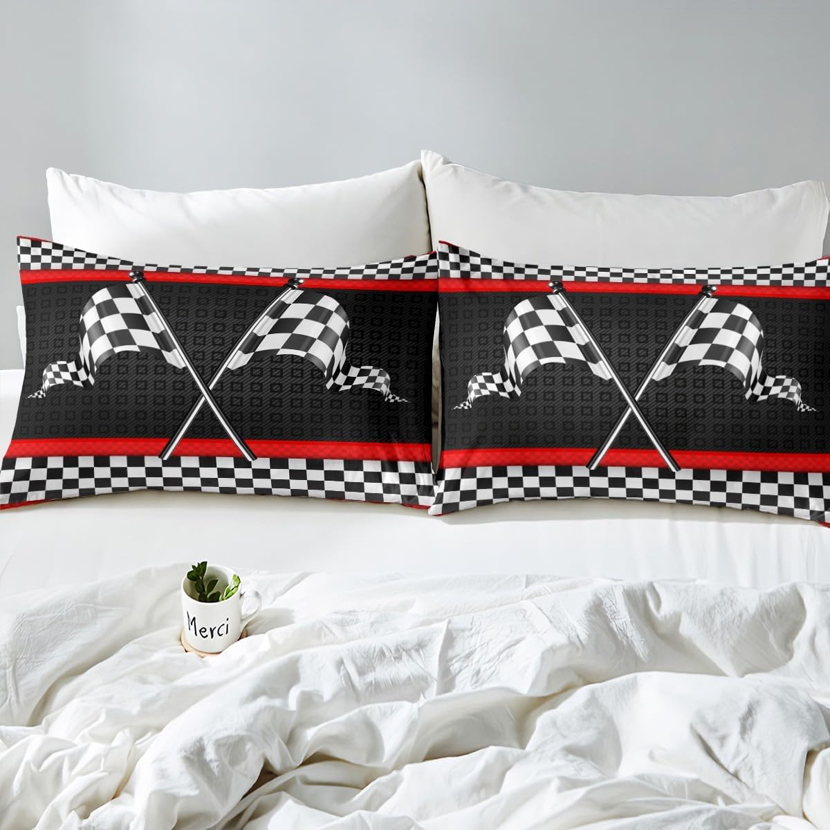 Castle Fairy Race Car Themed Bed Sheet Set King Size,Black White Checkered Flag Print Deep Pocket Fitted Sheet,1 Flat,2 Pillowcases,Red Stripes Geometric Grid Plaid Bed Mattress Cover, Bedroom Decor