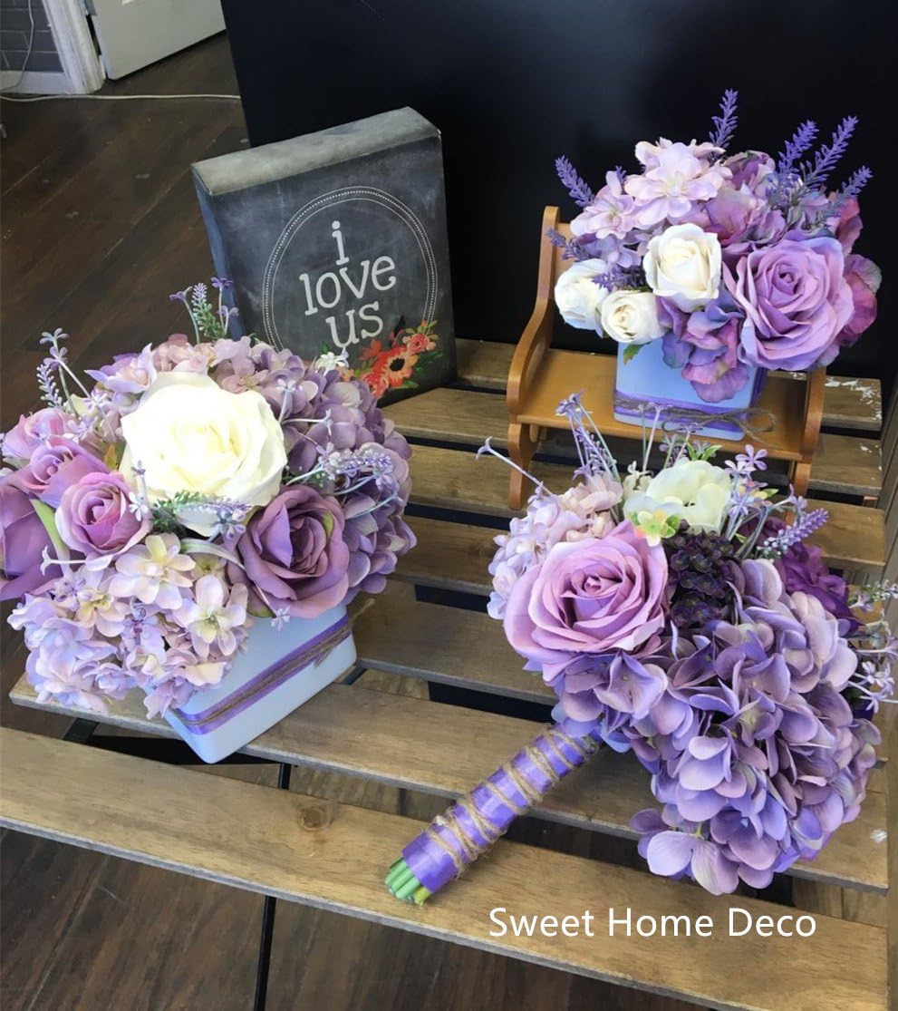 Silk Mixed Floral Rustic Wedding Bouquet in Lavender Purple Ivory Bridal Bouquet Bridesmaid Bouquet Boutonniere (8''T Lavender Arrangement)