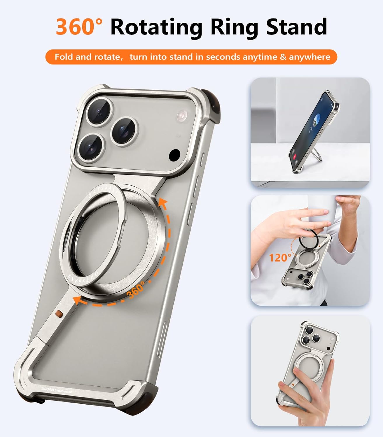 Z Case for iPhone 17 Pro Max Phone Case,Frameless Metal with Ring Stand,360°Rotating Magnetic Kickstand Protective Cover,Slim Shockproof Thin Bumper Cases for iPhone 17 Pro Max Cover(Silver)