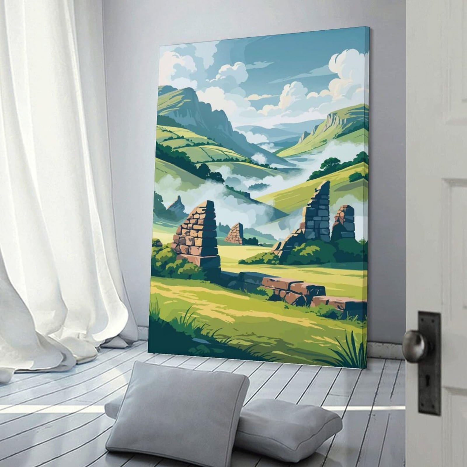 Junmoney Ruins in A Green Valley Canvas Art Print 24x36inch(60x90cm), for Bedroom Decor, Cosy Corners Or Studios, An Easy Wall Refresh for Bedrooms