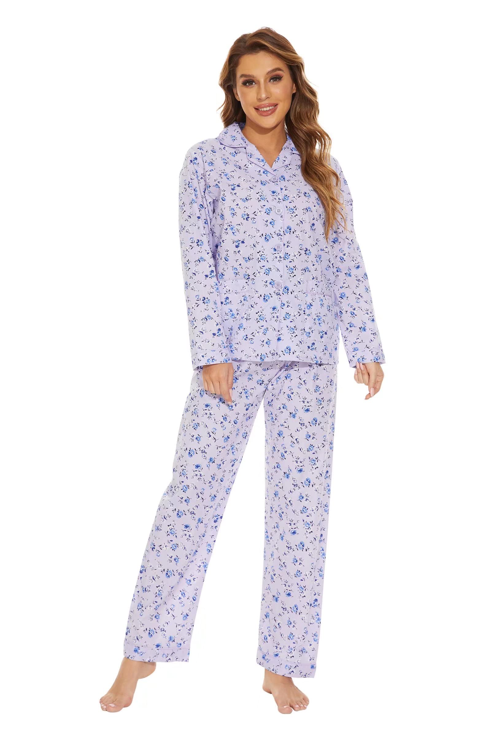 GLOBAL Ensemble de Pyjama pour Femme 100% Coton à Manches Longues et Boutons pour Femme Vêtement de Nuit Doux Respirant PJS