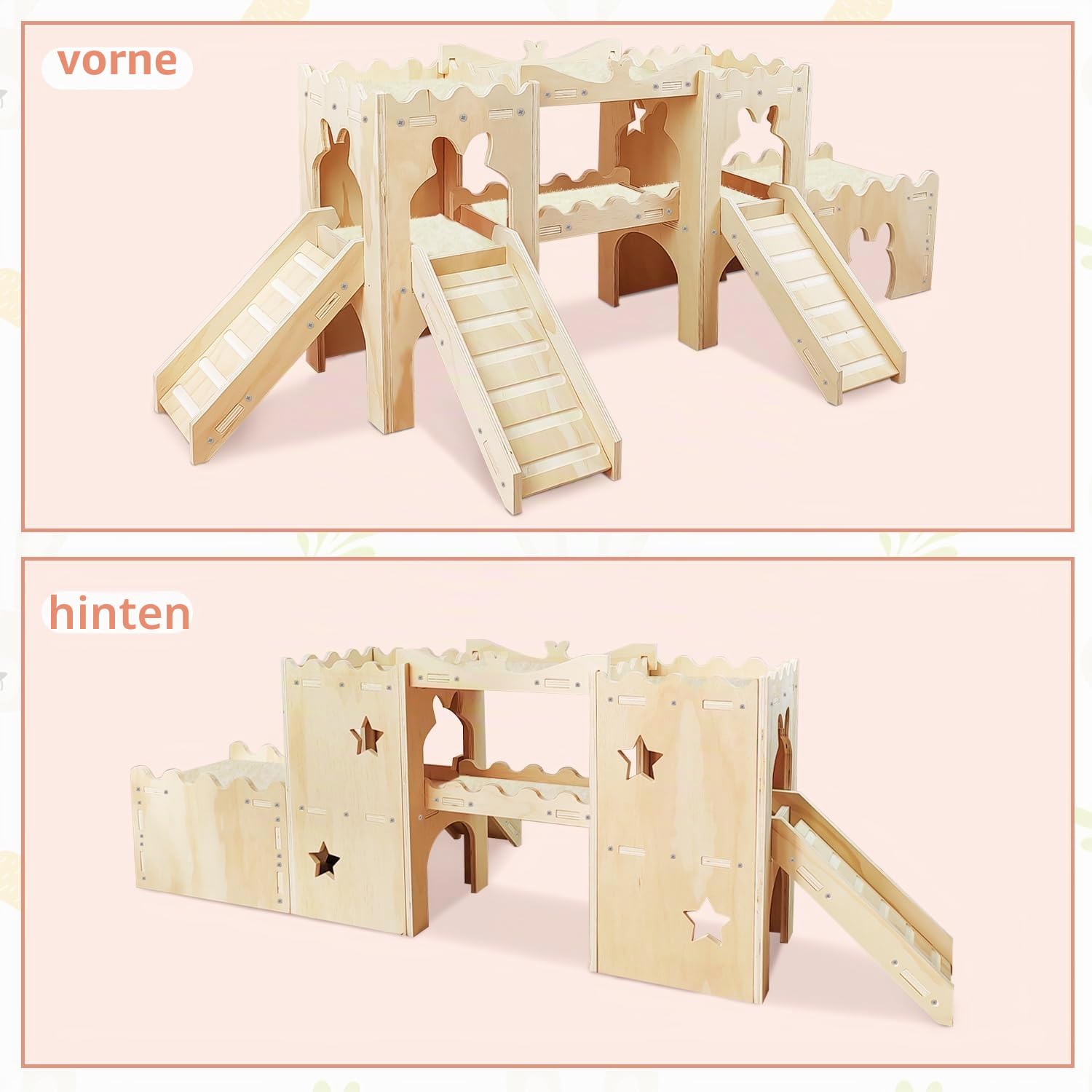 Extra großes hölzernes Kaninchenschloss Versteck Tunnel und Bett Kleintierversteck Hütte solide sichere Konstruktion Spielversteck Hütte für Kaninchen Meerschweinchen Chinchilla