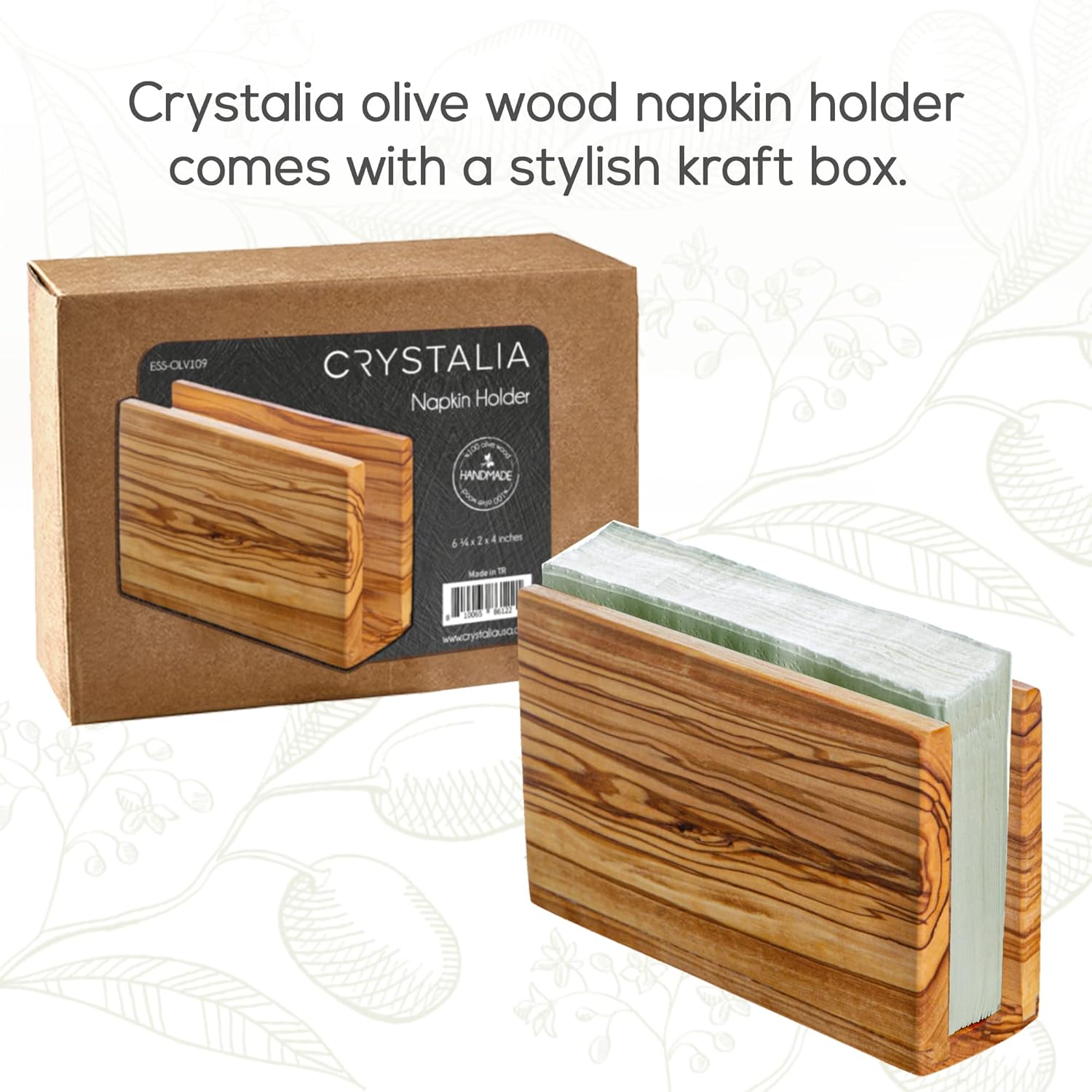 CRYSTALIA Wooden Napkin Holder for Table, Olive Wood Napkin Holder for Kitchen Dining Table & Cocktail, Decorative Tissue Dispenser for Home Picnic Indoor Outdoor, Rustic Design (Rectangular)