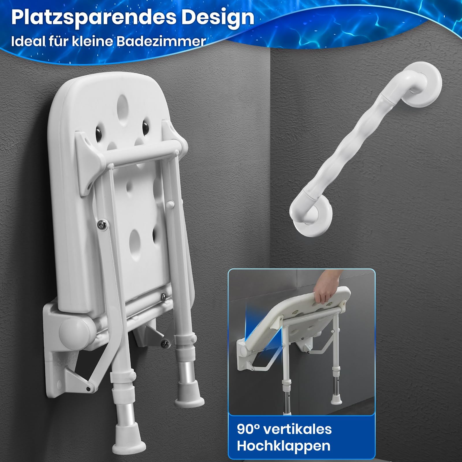 Asiento plegable de ducha para montaje en pared con reposabrazos, asiento de ducha plegable montaje en pared, para personas mayores, silla de ducha silla de baño