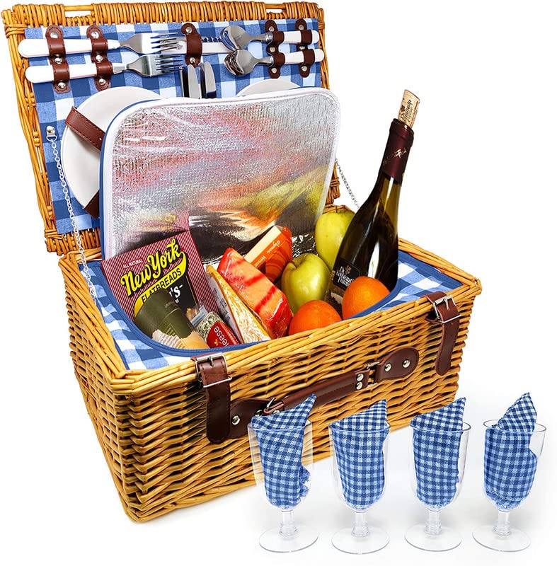 Classic 4 Person Insulated XL Picnic Basket - Premium Wicker Hamper - Dishwasher Safe Plates, Wine Glasses, Flatware Set and Napkins (4 Person, Blue & White)