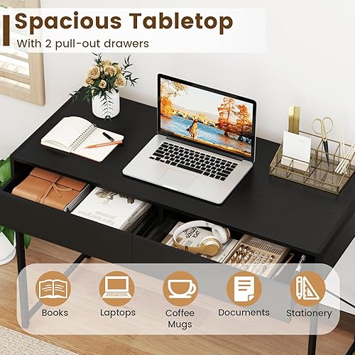 Miniatura 6 de GOFLAME Moderno escritorio para computadora de 2 cajones, escritorio de oficina en casa con marco de metal reforzado de alta resistencia, escritorio