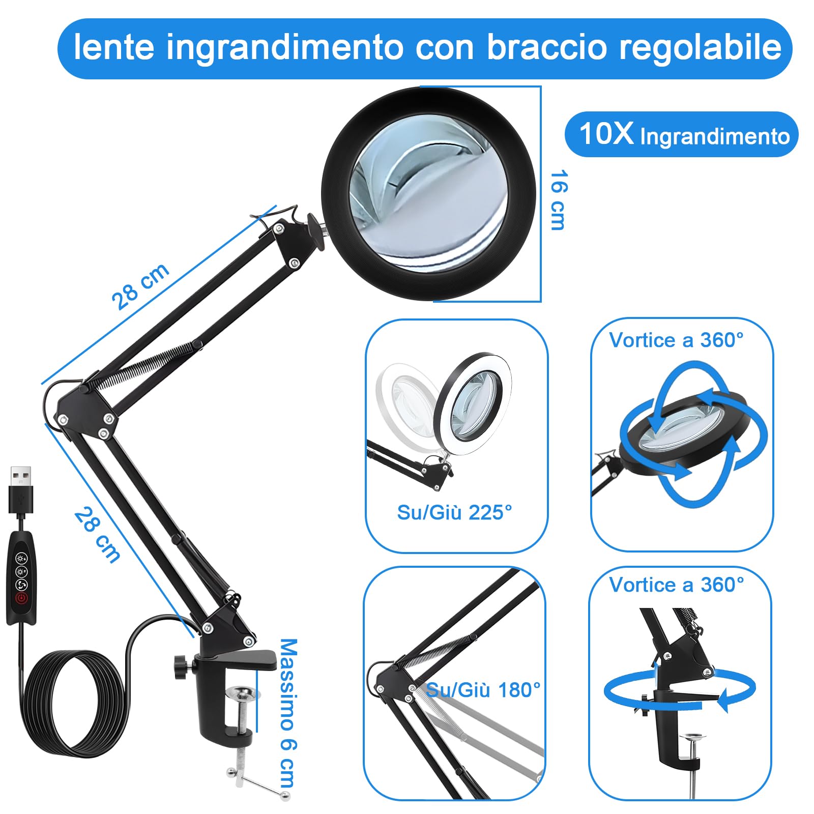 Lupa con Luz y Soporte, 10X Lupa LED con Lente de Vidrio, Lámpara Lupa con Pinza de Mesa, 3 Modos de Color 10 Niveles de Brillo, para Reparaciones, Lectura, Manualidades, Diamond Painting