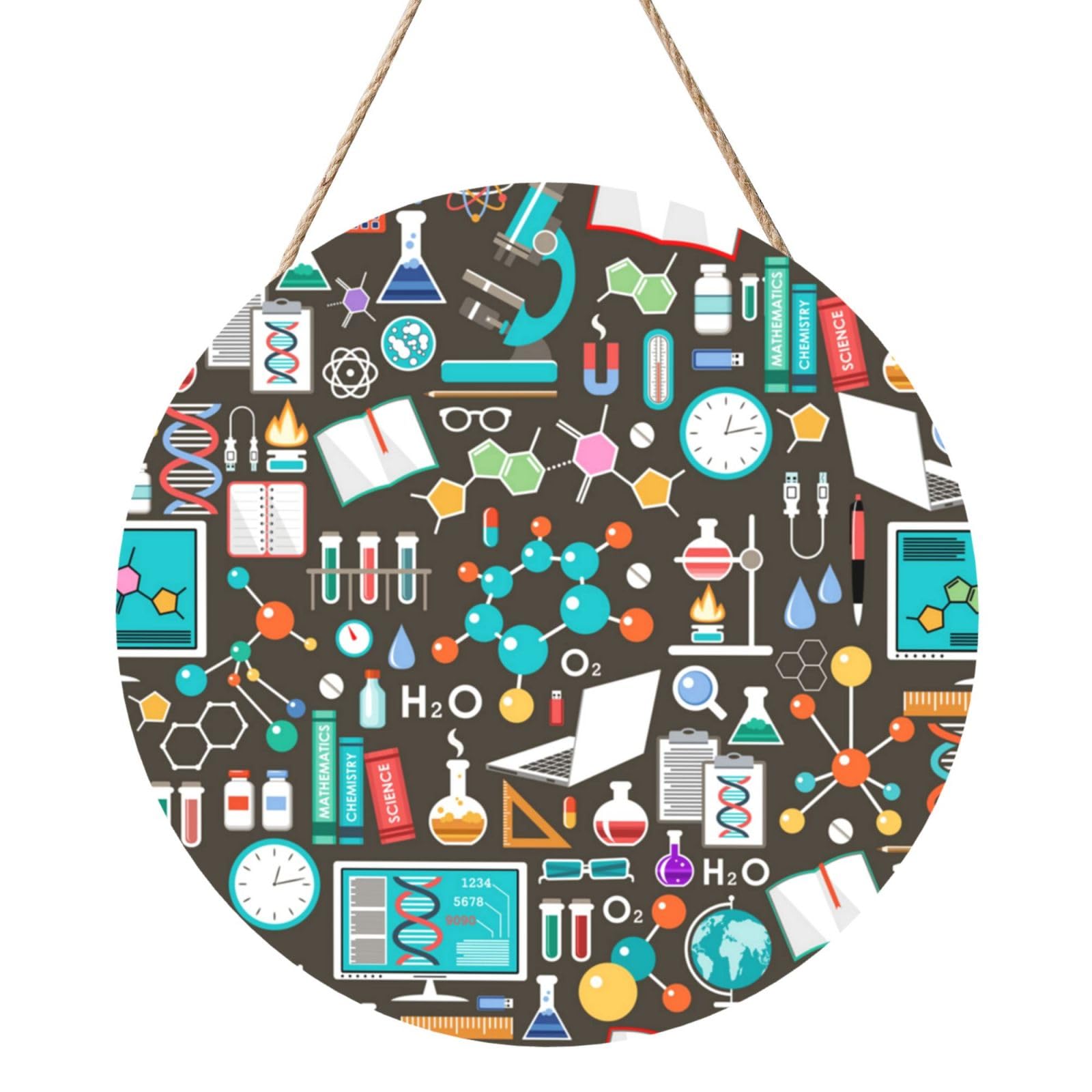 InOmak Science Chemistry Pattern, Round Wood Panel Painting 12 in, Wall Hanging Painting For Home