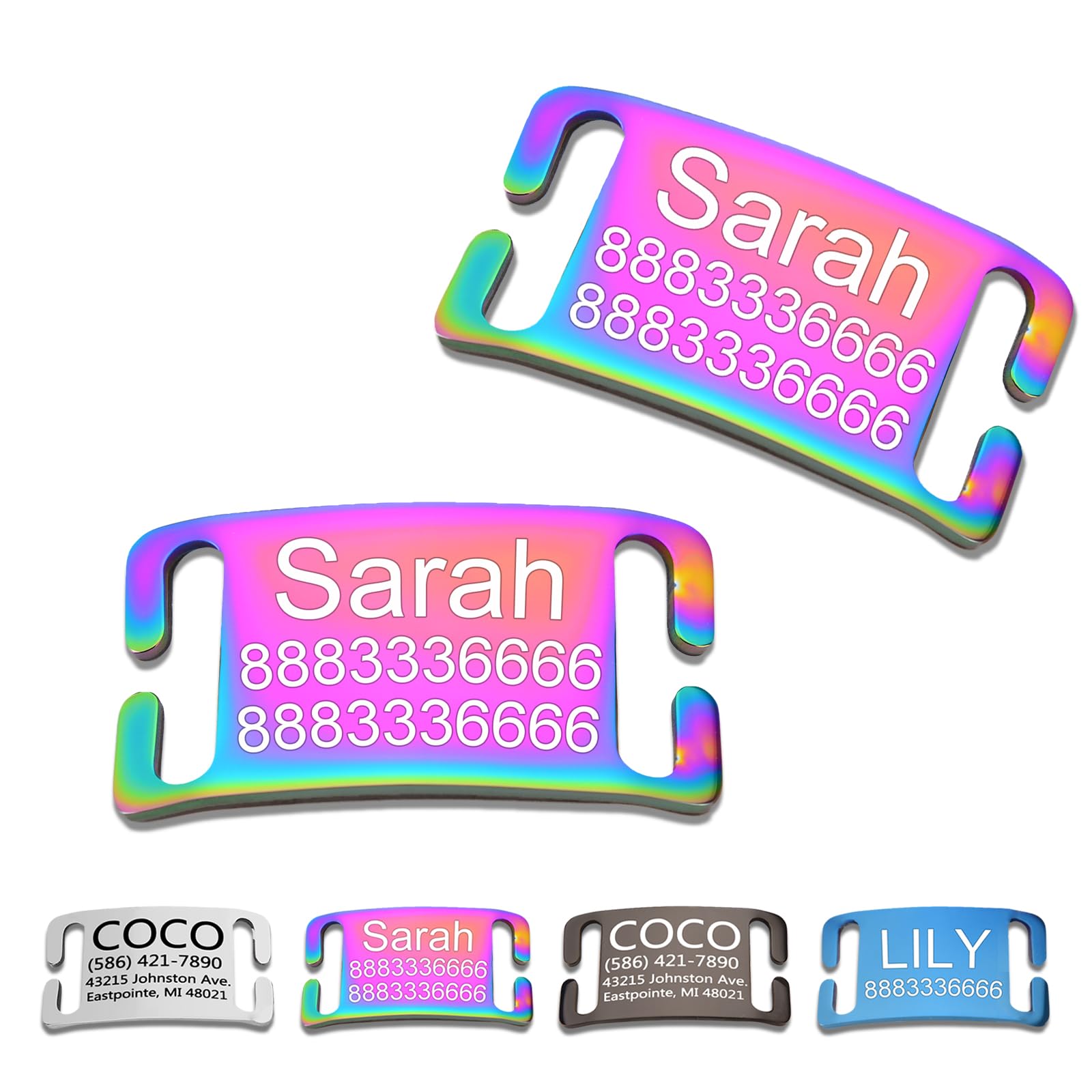 Customized Engraved Slide-On Pet ID Tags,Personalized Stainless Steel Collar Tag, Noise-Free Design for Dogs & Cats,Durable & Lightweight 4 Size for Large and Small Pets,Open Ends（Rainbow）