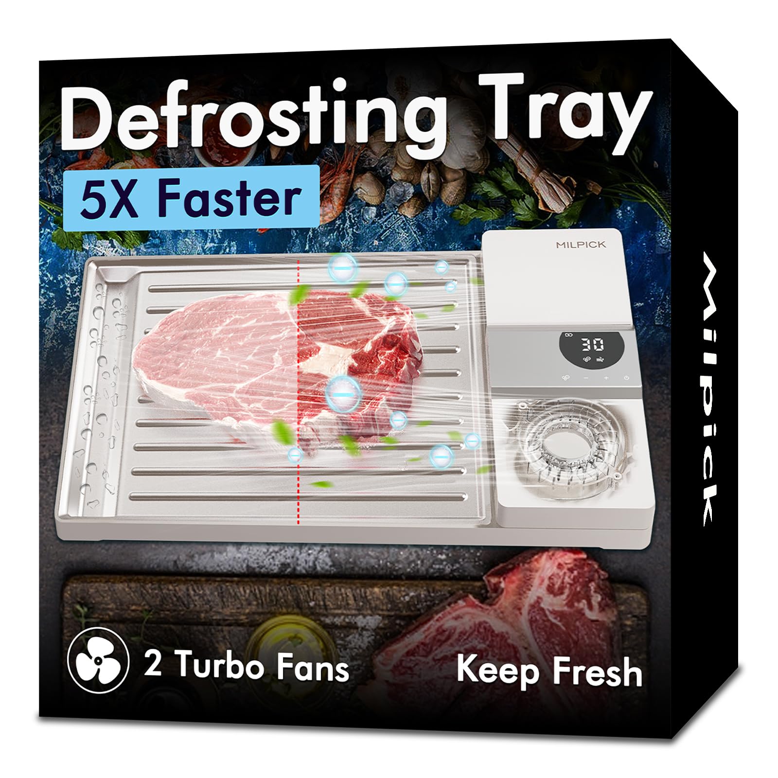Milpick Rapid Defrosting Tray for Frozen Meat 360° Large Air Volume Natural Fast Thawing Aluminum Plate Lock in Nutrients with Ionic Electric Field