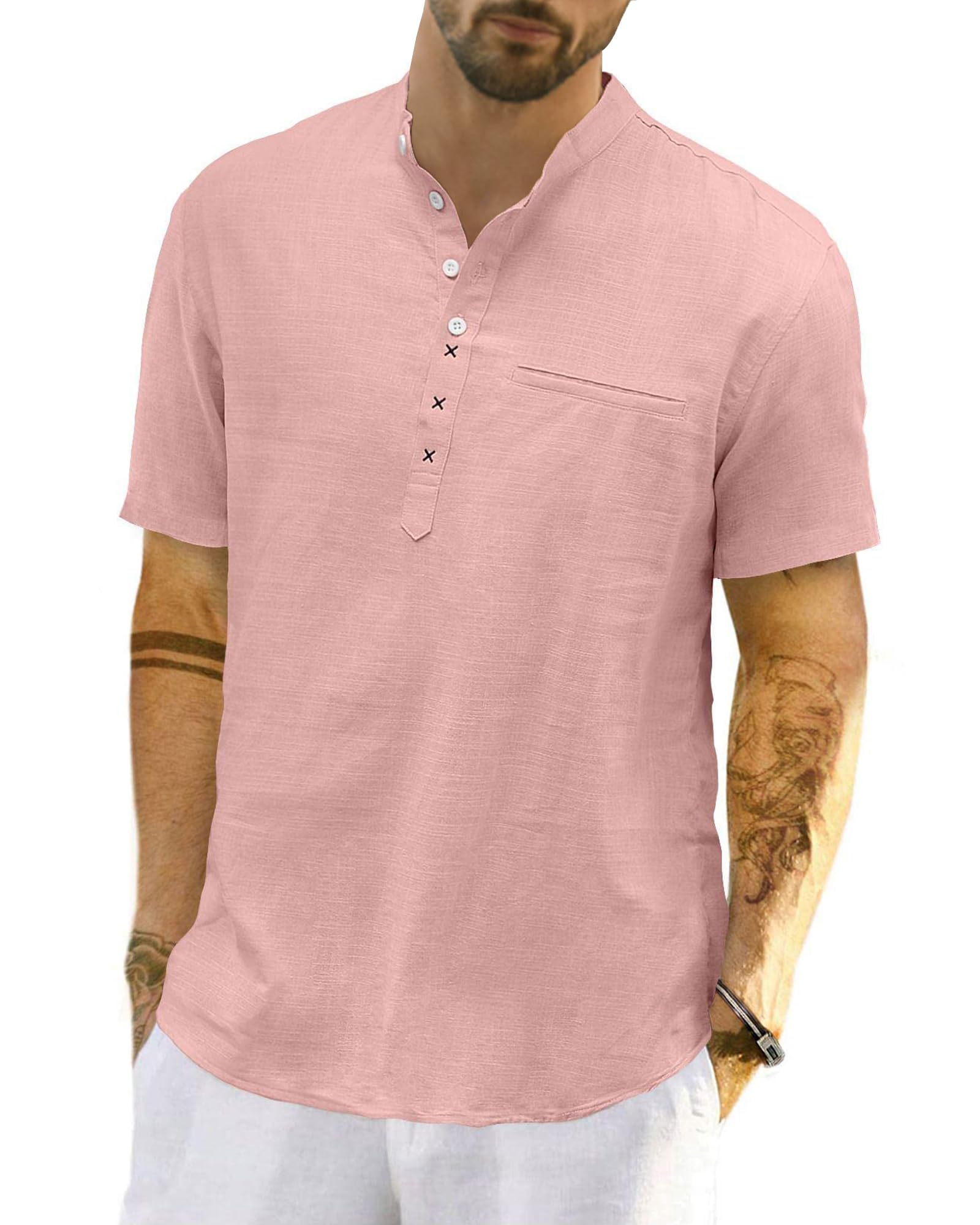 LVCBL Linenhemd Herren Kurzarm Leinen Kurzarm Henley Hemd Sommer Leicht Banded Collar Strand Tops M-3XL