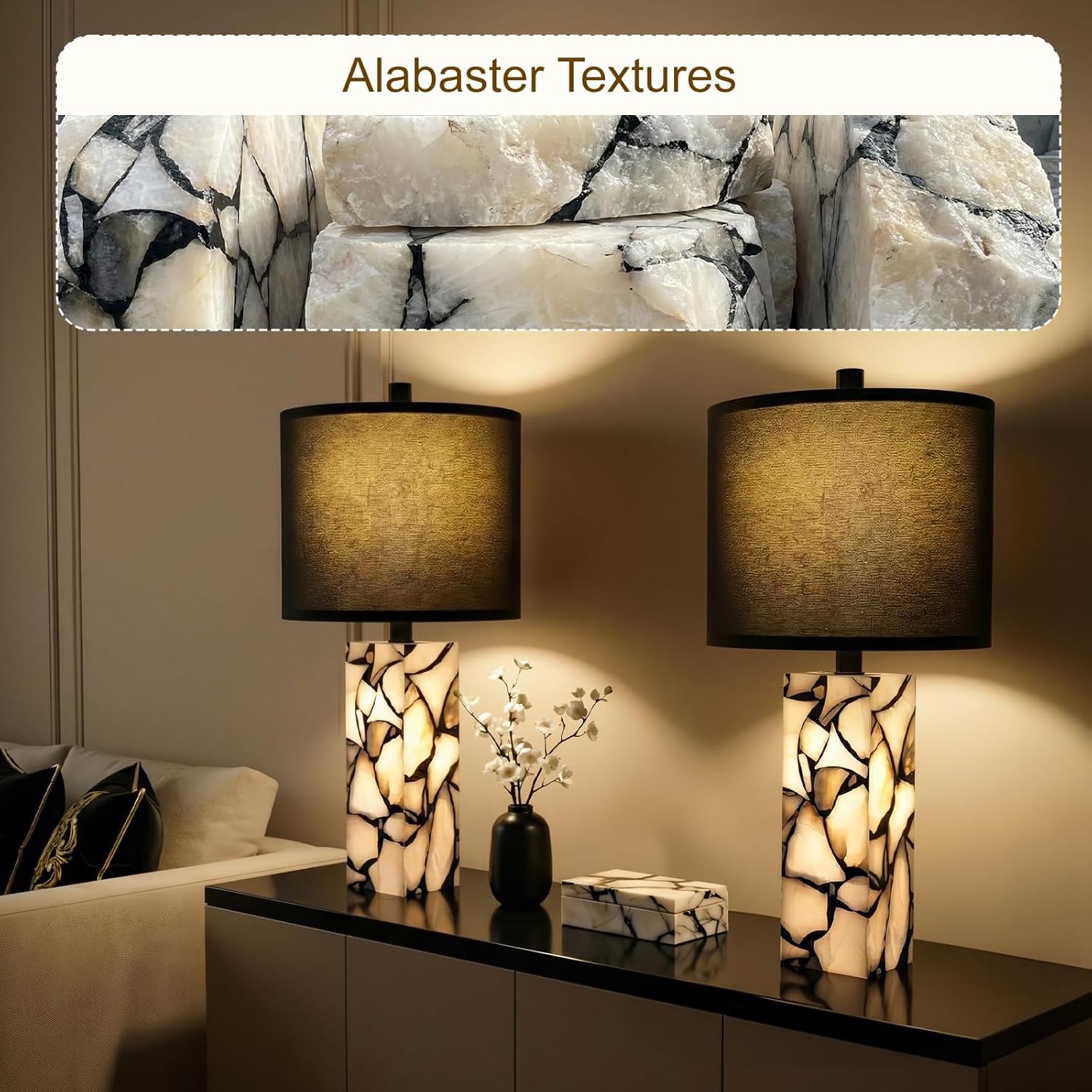 Scenekoy 23" Alabaster Table Lamps Set of 2 with Night Light for Living Room, Rotary Switch, Black Modern Table Lamp with Black Linen Shade, Nightstand Lamp for Bedroom Bedside Office (Bulb Included)
