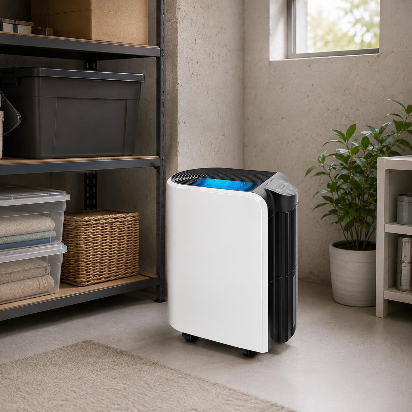 Elektryczny osuszacz powietrza 20 l/dobę do domu i piwnicy, zasięg do 35 m², sterowanie przez aplikację (WiFi), zbiornik na wodę 2,4 l, funkcja suszenia prania i wąż do odprowadzania wody