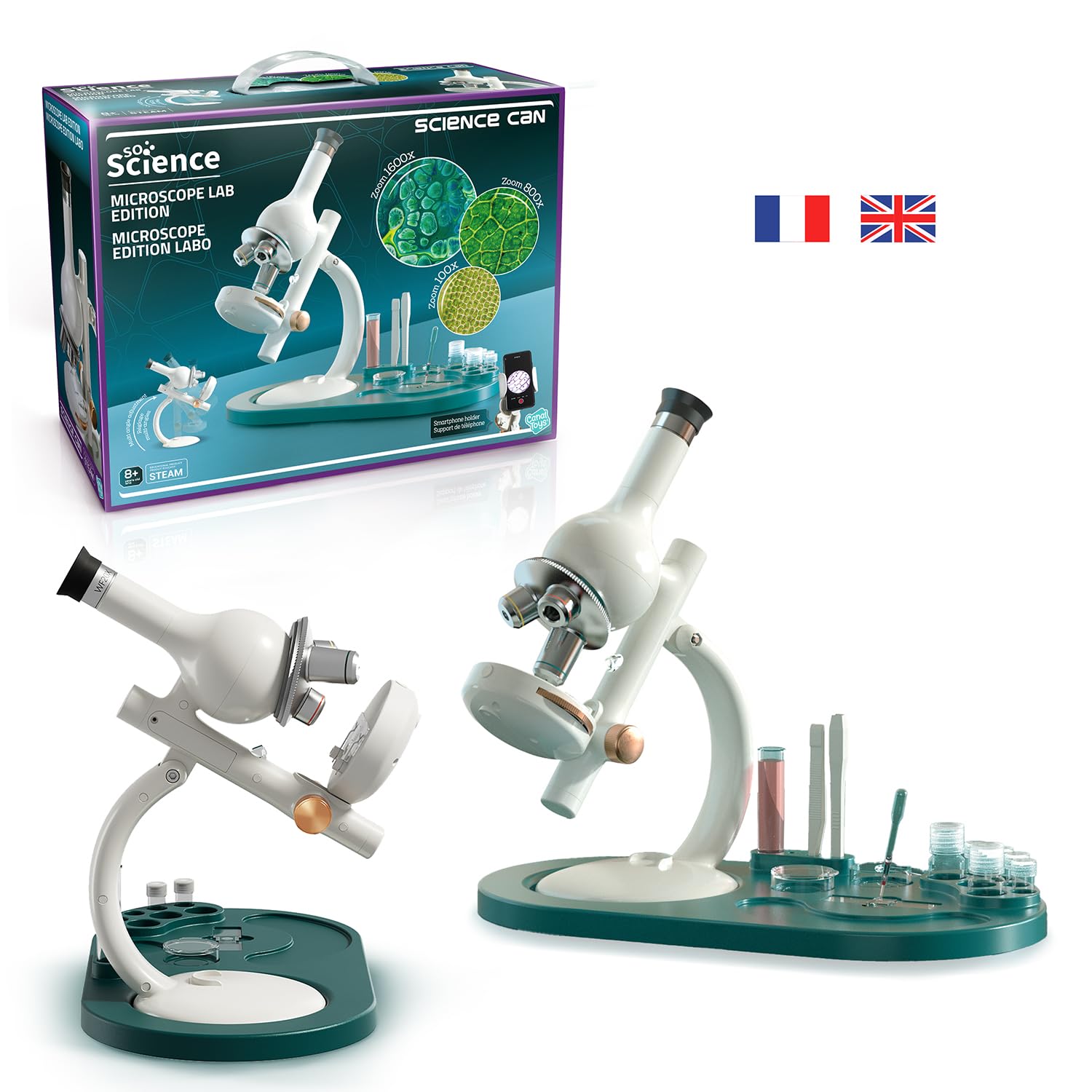 Canal Toys - So Science - Mikroskop Labo Edition dla dzieci od 8 lat - 100-1600-krotny zoom - Uchwyt na smartfon - 12 ostrzy i akcesoriów - Zestaw edukacyjny i naukowy STEM - PL/en - COS 004FR