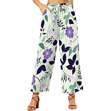 Womens Hawaiian Print Casual Wide Leg Pants Summer Flowy High Waisted Drawstring Trousers with Pocket