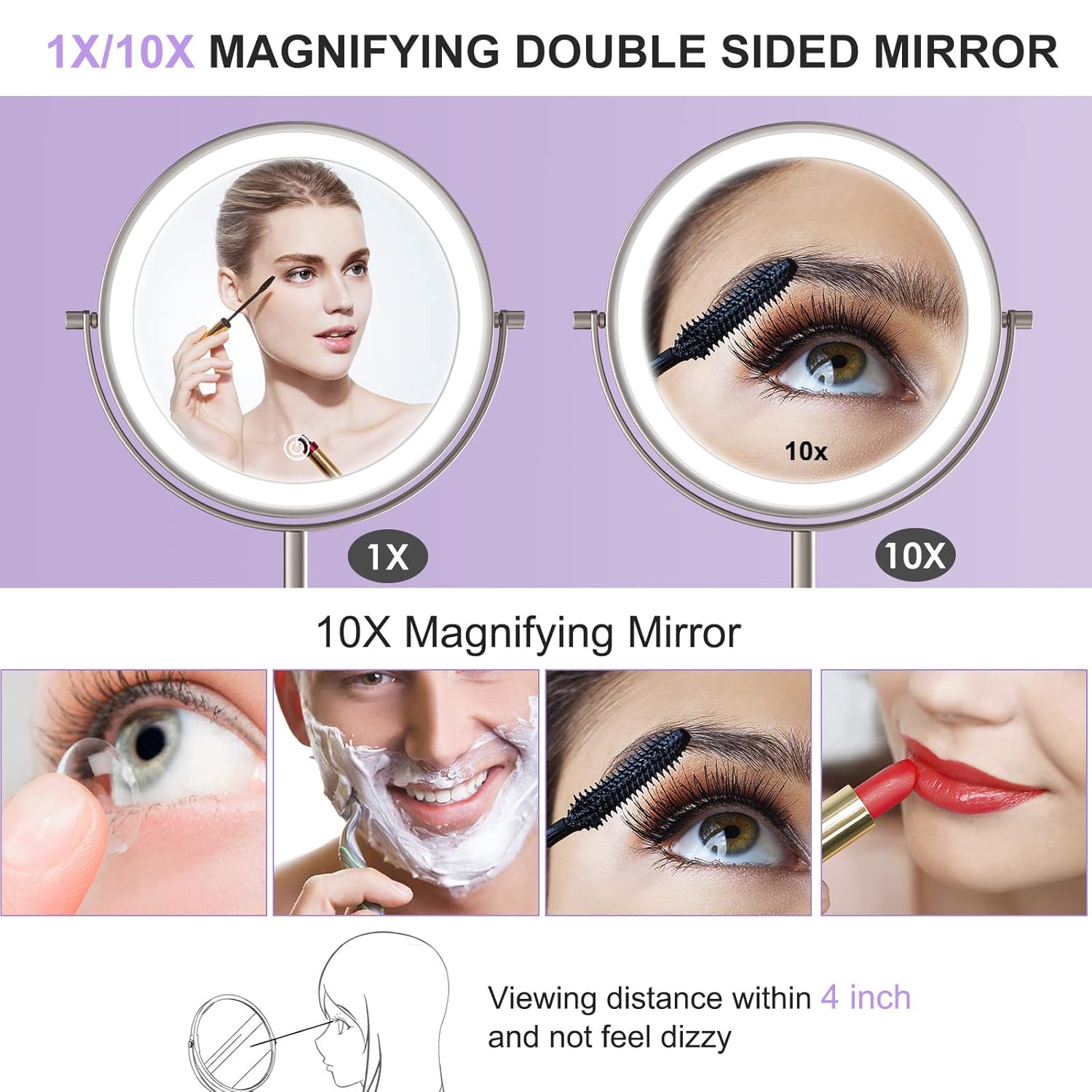 Lighted Makeup Mirror with Magnification, 1X 10X Magnifying Mirror with Light, Rechargeable 8'' HD Double Sided Tabletop Vanity Mirror, 3 Color LED Dimmable Desk Lit Cosmetic Mirror : Beauty & Personal Care