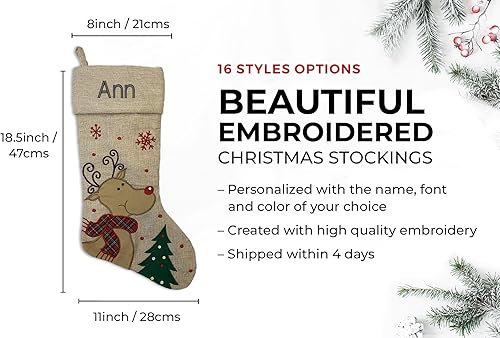 Miniatura 2 de Calcetín de Navidad personalizado, reno, Papá Noel, trineo de Papá Noel, diseño moderno, nombre bordado, grande, 18.5 pulgadas, color beige,