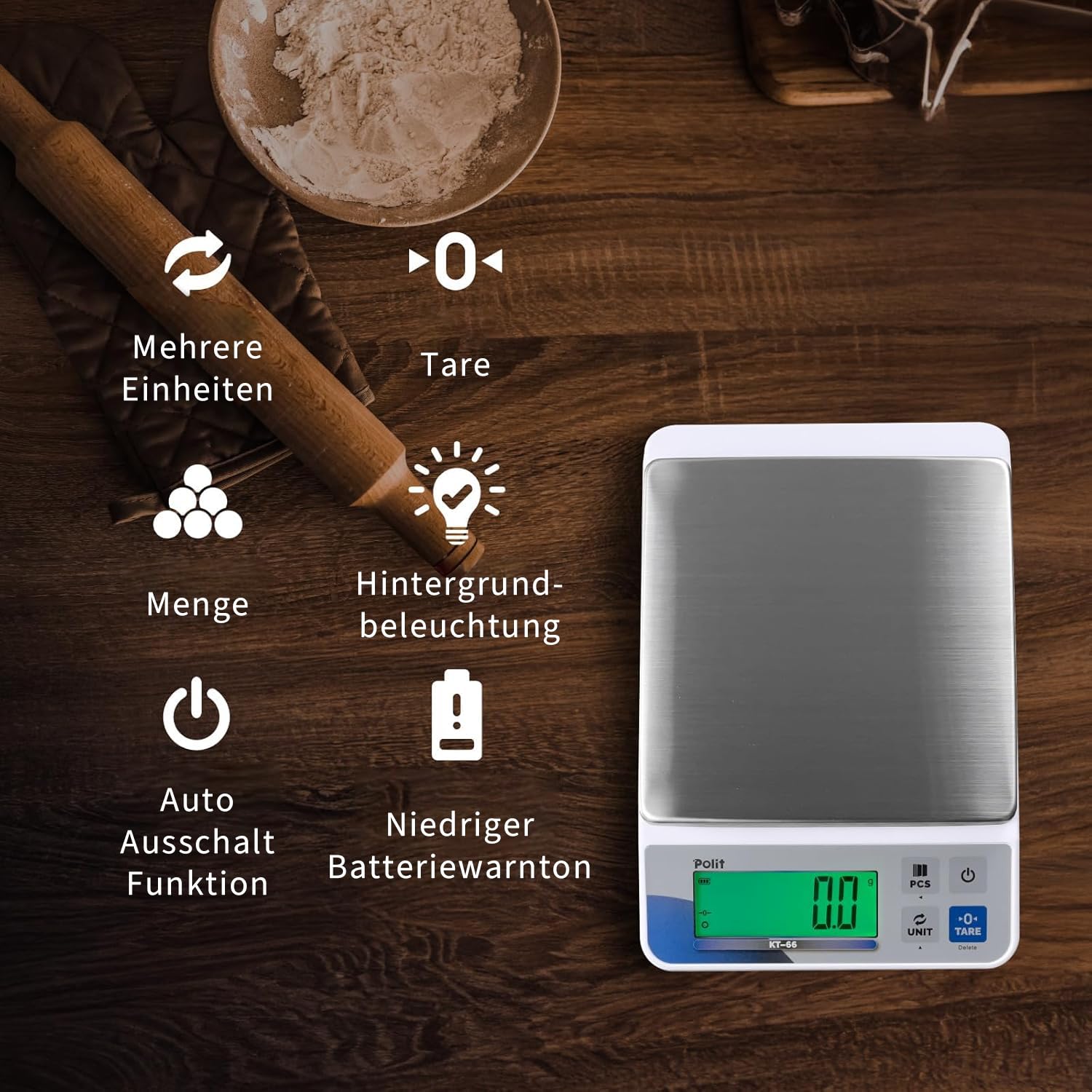 Polit Digitale Küchenwaage KT-66 3kg/6,6lb｜0,005oz/0,1g Präzision｜LCD-Display｜Batterie- oder Netzbetrieb｜Edelstahl-Oberfläche｜5 Einheiten für Küche, Backen & Versand