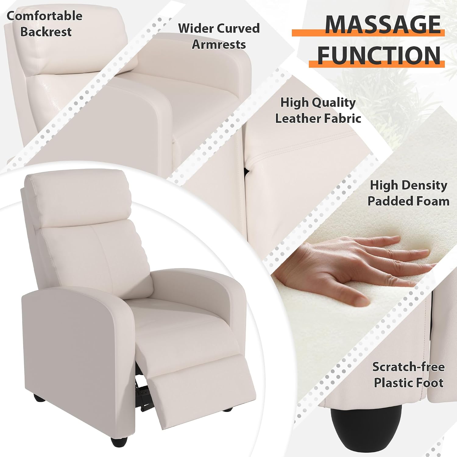Massage Recliner Chair,Home Theater Seating Single Sofa for Adults,Reclining Seat with Backrest and Footrest,Modern PU Leather Wingback Seating for Living Room,Office,Apartment - BEIGR