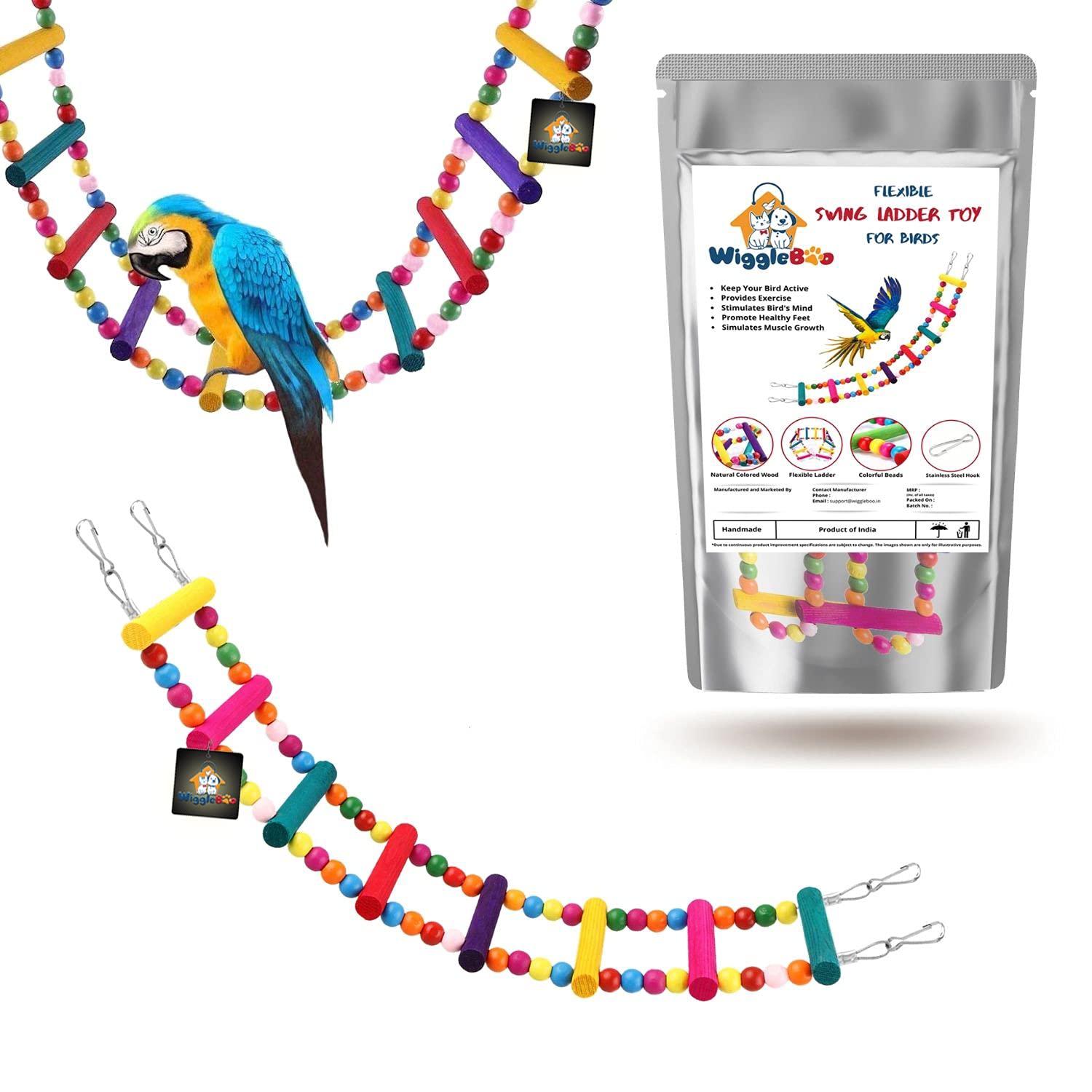 WiggleBoo Bird Colorful Ladder Toy | Flexible Hanging Cage Toy | Suitable for Small & Medium Birds | for Swinging, Rocking, Chewing & Hopping | 48cm (B093BS74VC) Amazon Price History, Amazon Price Tracker