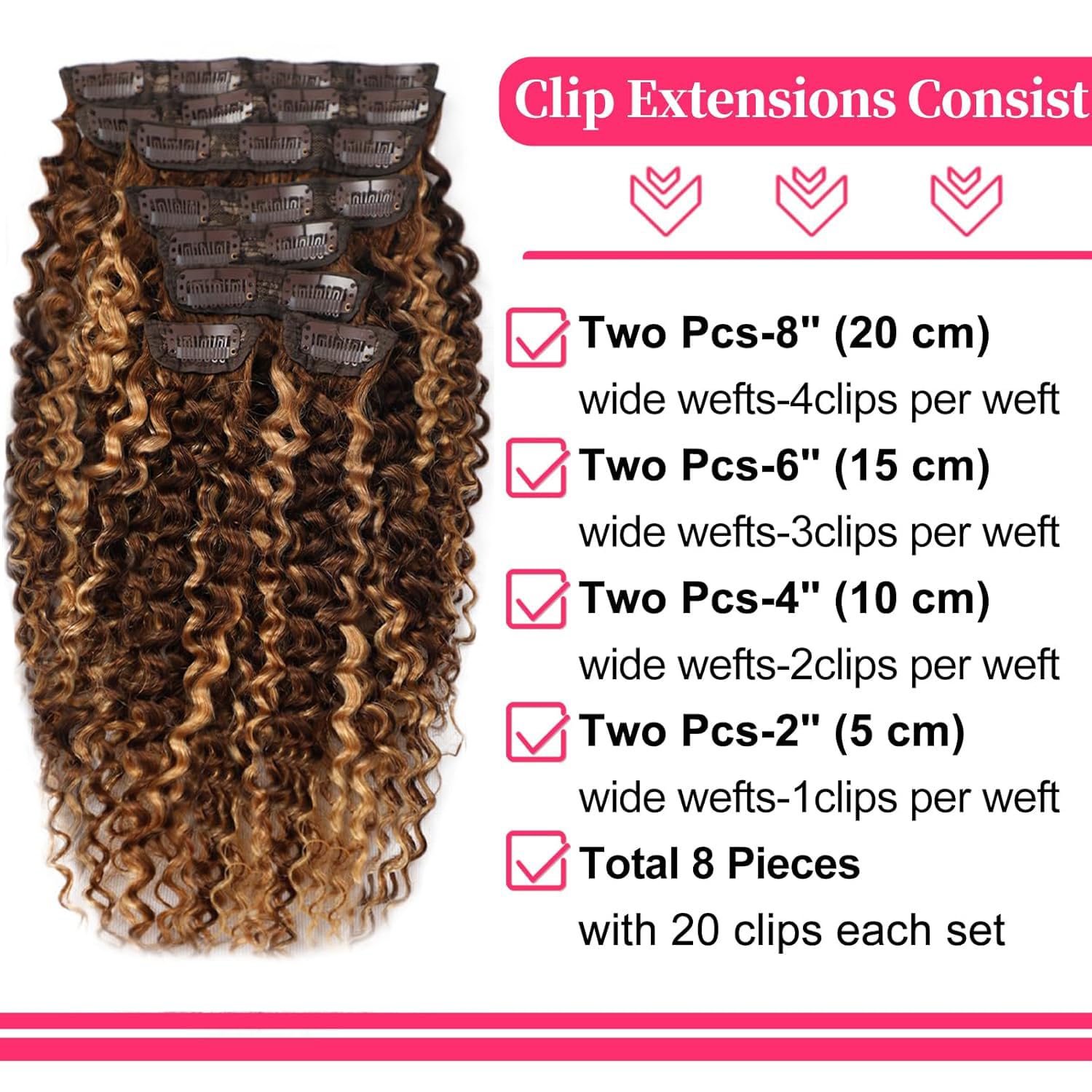 18 Inch Highlight P4/27 Kinky Curly Clip Ins Human Hair 110g 8pcs 20 Clips 3C 4A Curly Clip In Hair Extensions Real Human Hair Brazilian Virgin Hair Full Head for Women P4/27 Color