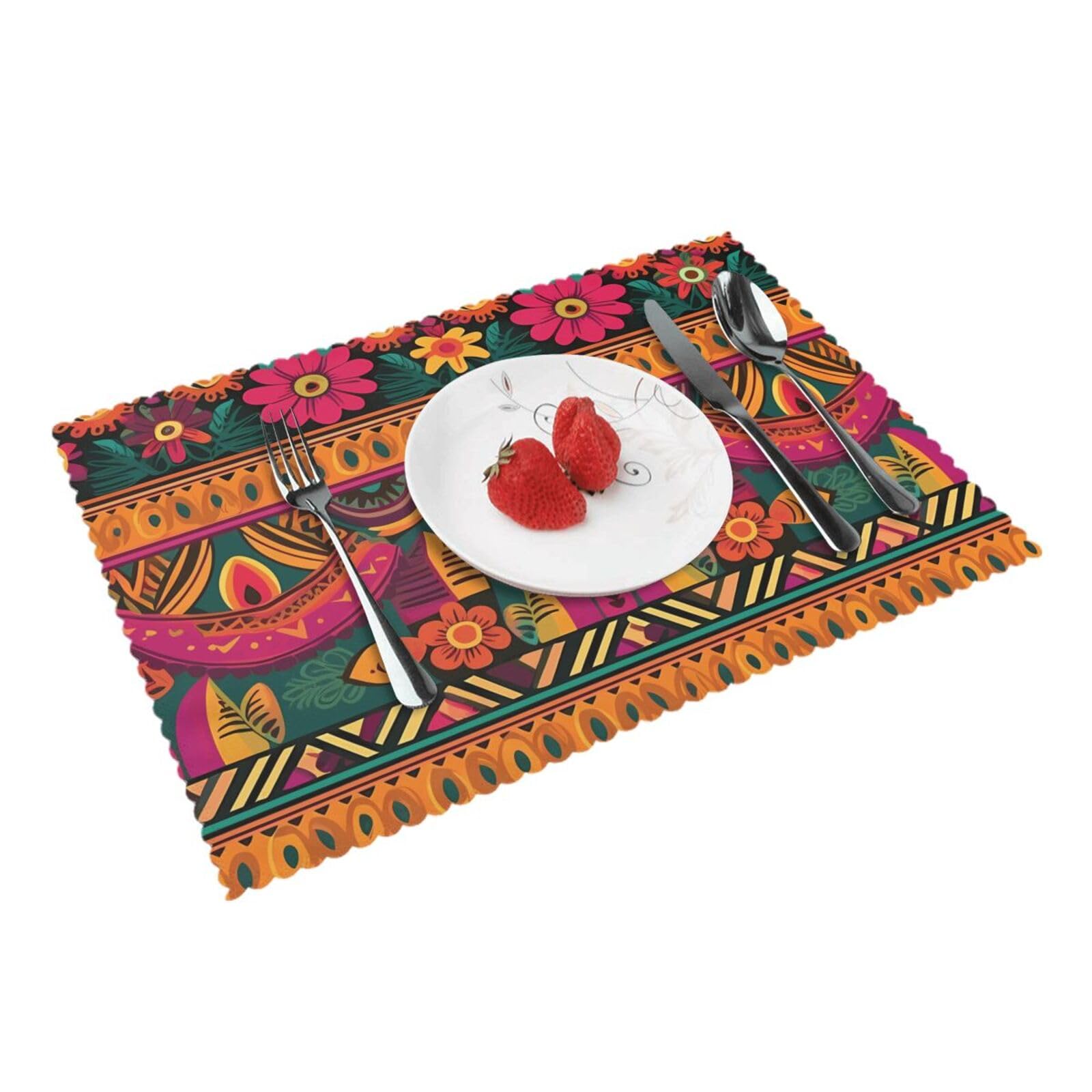 Placemats Set of 4 Heat Resistant Woven Place Mats for Dining Table Mexican Folk Art Boho Placemats Washable Wipeable PVC Table Mats Indoor/Outdoor Place Mats for Party Kitchen Decor 30x45 cm