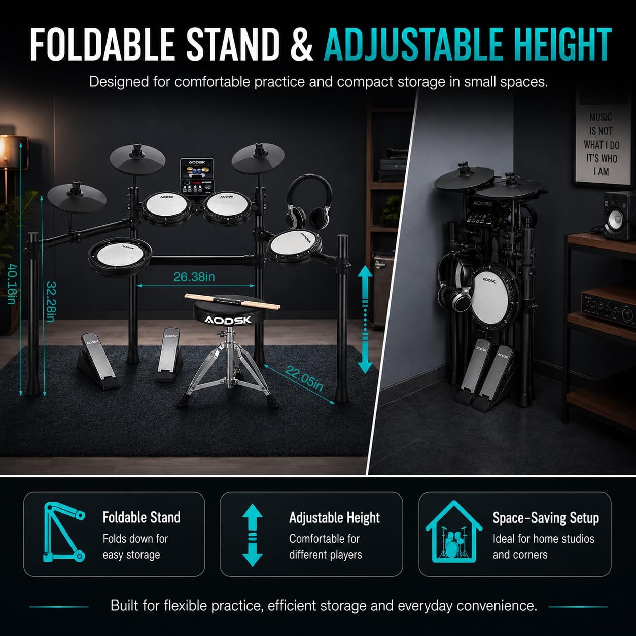 AODSK Electronic Drum Set, Professional Mesh Drum Pads, Upgraded Sound Module 260 sounds/30 Kits/20 Songs,Includes Sticks,Headphones,drum throne (2026 New Upgraded) image 5