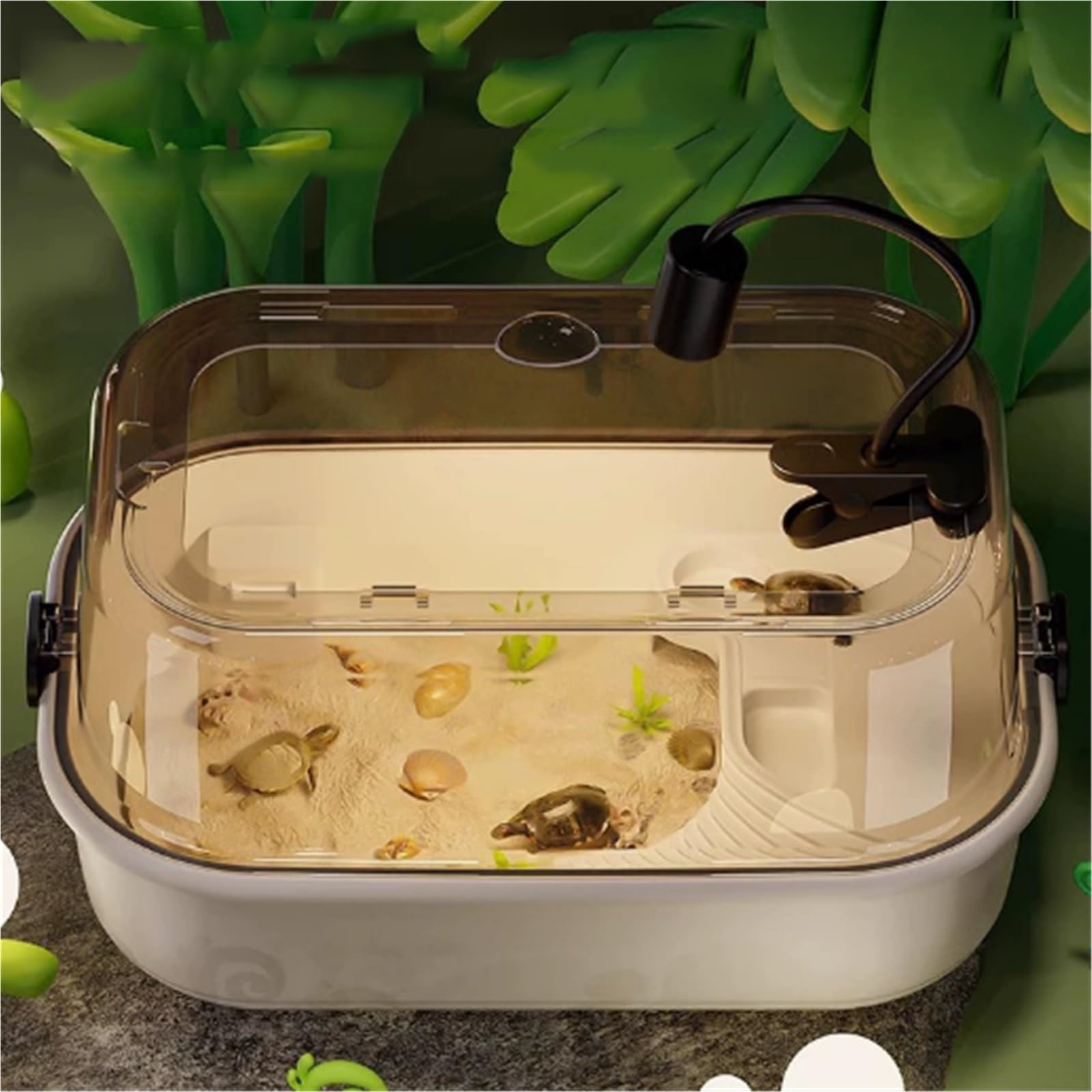 Hábitat del terrario Sun Terrace Turtle Villa Caja de alimentación Hábitat Perfecto for Sus Mascotas acuáticas Terrario del Acuario(Grey)