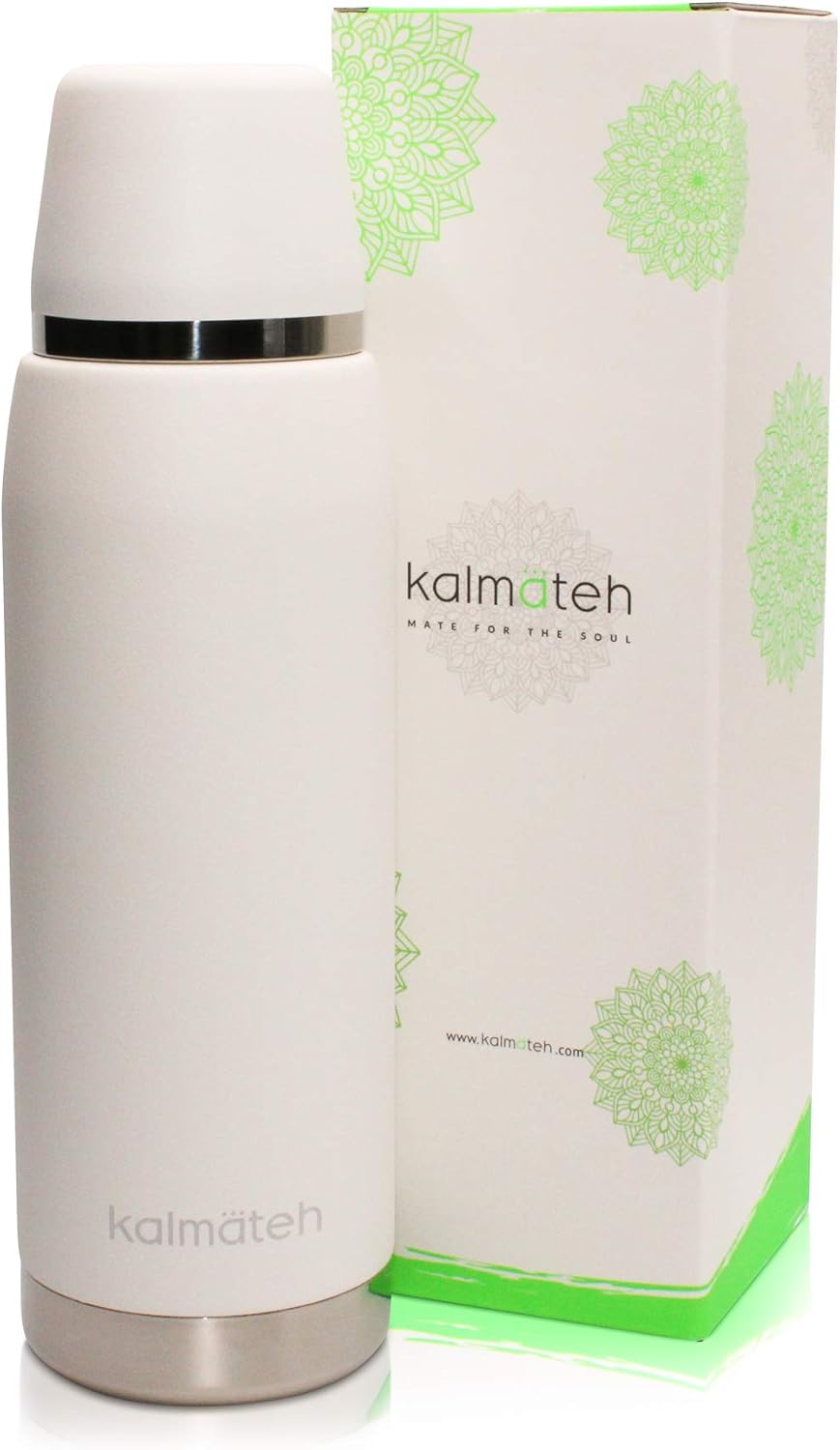 KALMATEH Yerba Mate Gourd and Thermal Double Walled Vacuum Insulated Stainless Steel Bottle Set- Small Yerba Mate Gourd 5oz, 760ml Bottle, Bombilla Filter Straw and Cleaning Brush (White)