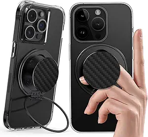 Magnetic Phone Ring Grip,Ultra Thin Phone Kickstand with Finger Loop Strap, Lightweight Phone Ring Holder for Mag Safe iPhone 16/15/14/13/12 Series (Carbon Fiber)