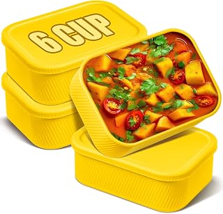 Nuogo 4 Pcs 6 Cup Silicone Freezer Trays with Lid Soup Containers, Yellow | Reusable Rectangle Molds for Soups Sauces Stews, Stackable Design, Easy Portion Meal Prep, Textured Grip Freezer Storage