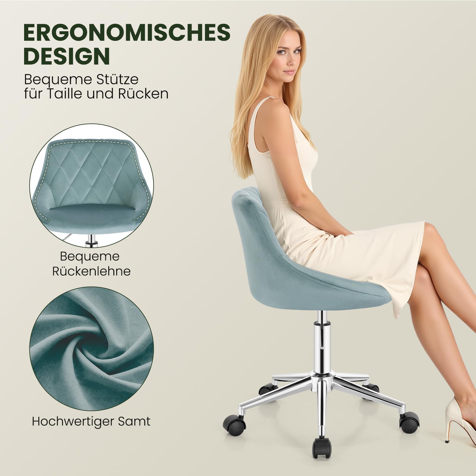 EUGAD Schminkstuhl, Homeoffice Stuhl, Schreibtischstuhl, Samt, Türkis | Multifunktionaler Kosmetikhocker, Bürostuhl Kinder, höhenverstellbar Drehstuhl mit Rollen