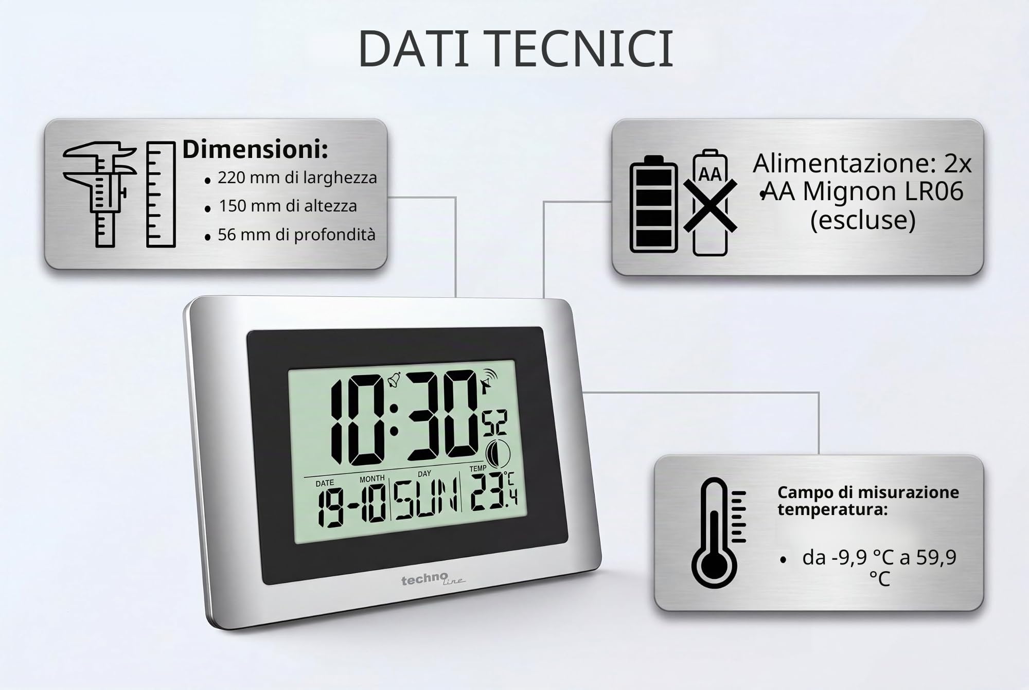 WS8028 - Orologio da parete digitale, 22 x 15 cm, indicatore di temperatura, fase lunare