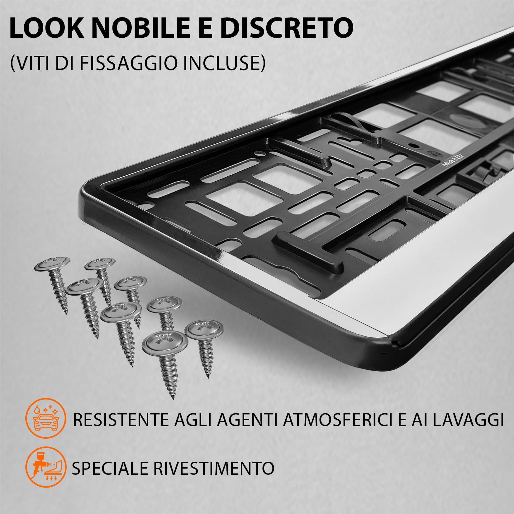 Portatarga Auto - Supporto Targa - [semplice, durevole e sicuro] - 8 viti - 520x110 mm - Cromo effetto - Porta Targa - adatto a qualsiasi auto - per targhe italiane omologate - Fissaggio per Targa