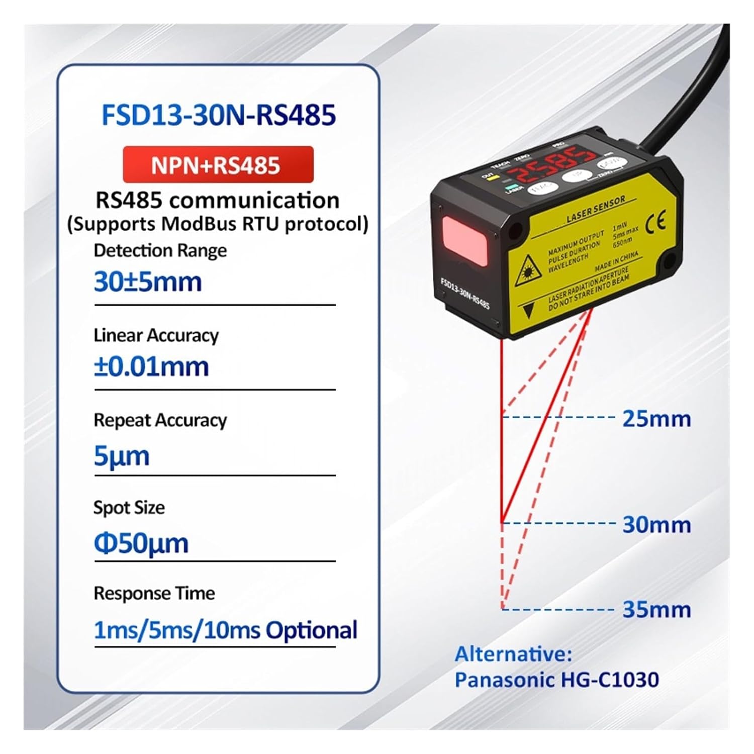 FSD13 Series Distance, Thickness, and Positioning Sensor RS485 Output 0.01mm High-Precision Displacement Sensor