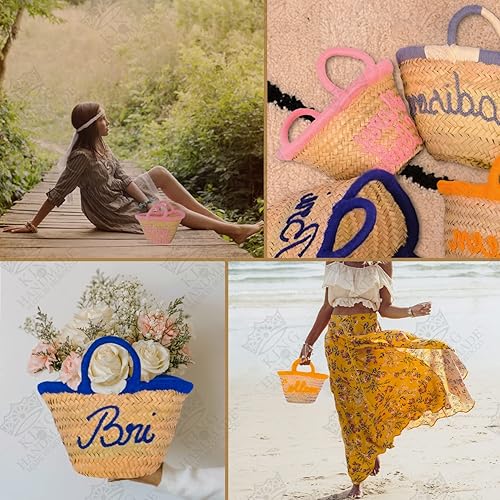 Vista 19 de Personalized Basket - Boho Handmade Woven Straw Bag - Wicker French Basket, Tote, Monogrammed Bags for Birthday, Wedding