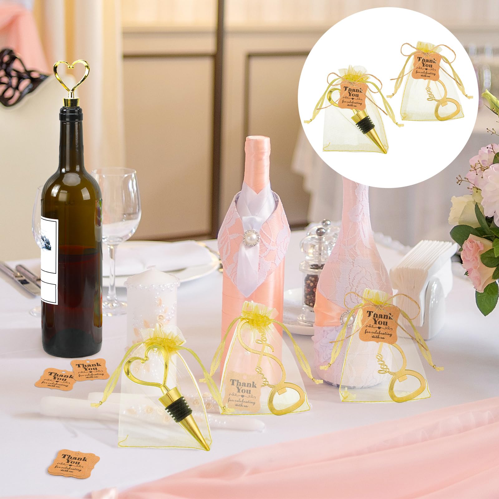 Tanlade 60 Stück Hochzeits-Partygeschenke für Gäste, Weinstopfen und Öffner, Liebes-Set, Love Forever, Brautparty, Gastgeschenke mit 100 Etiketten, 60 Netzbeutel für Hochzeit, Party, Souvenir,