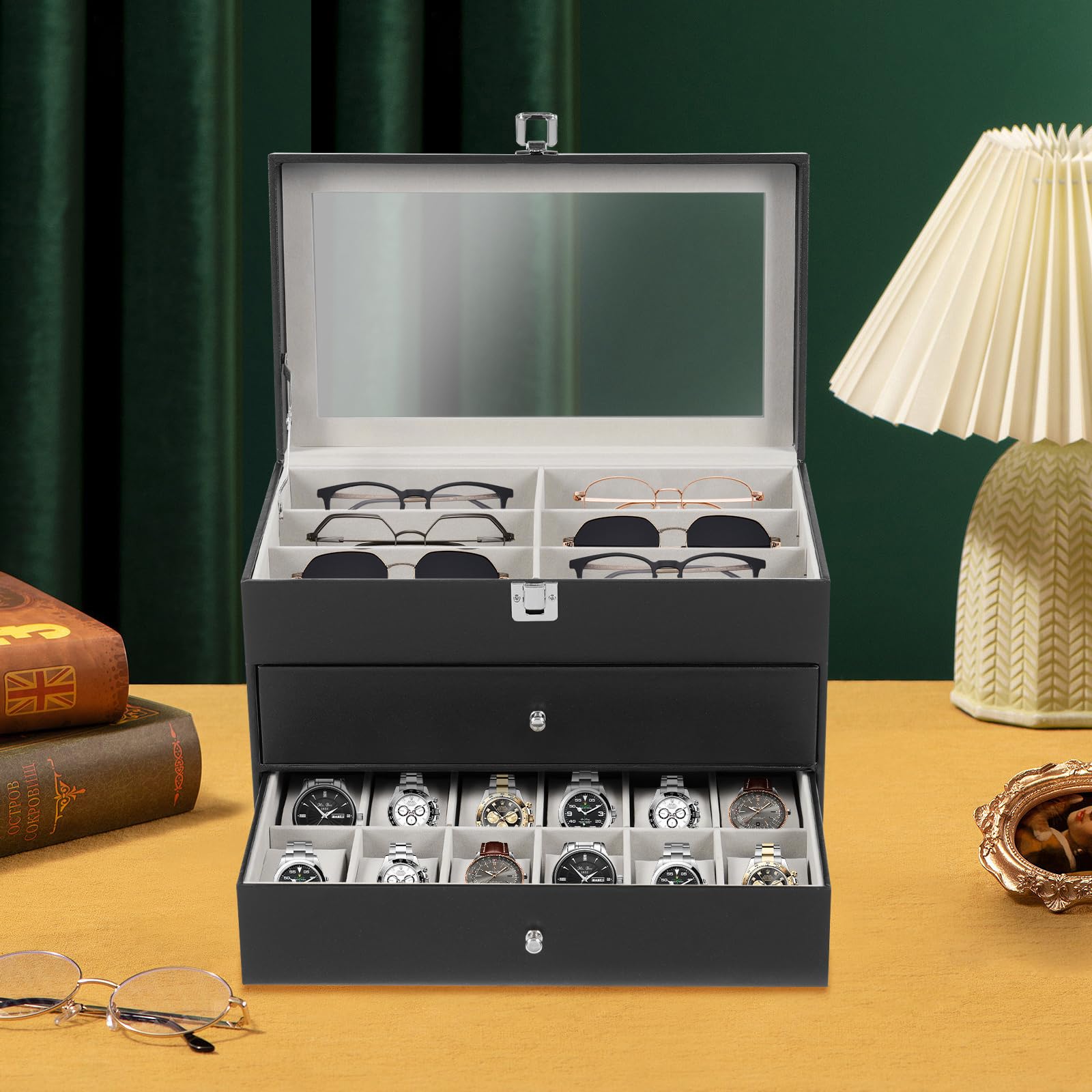 Caja para relojes de 3 niveles con 24 ranuras – Joyero, estuche para gafas y estuche de almacenamiento para relojes, gafas, joyas, anillos y más