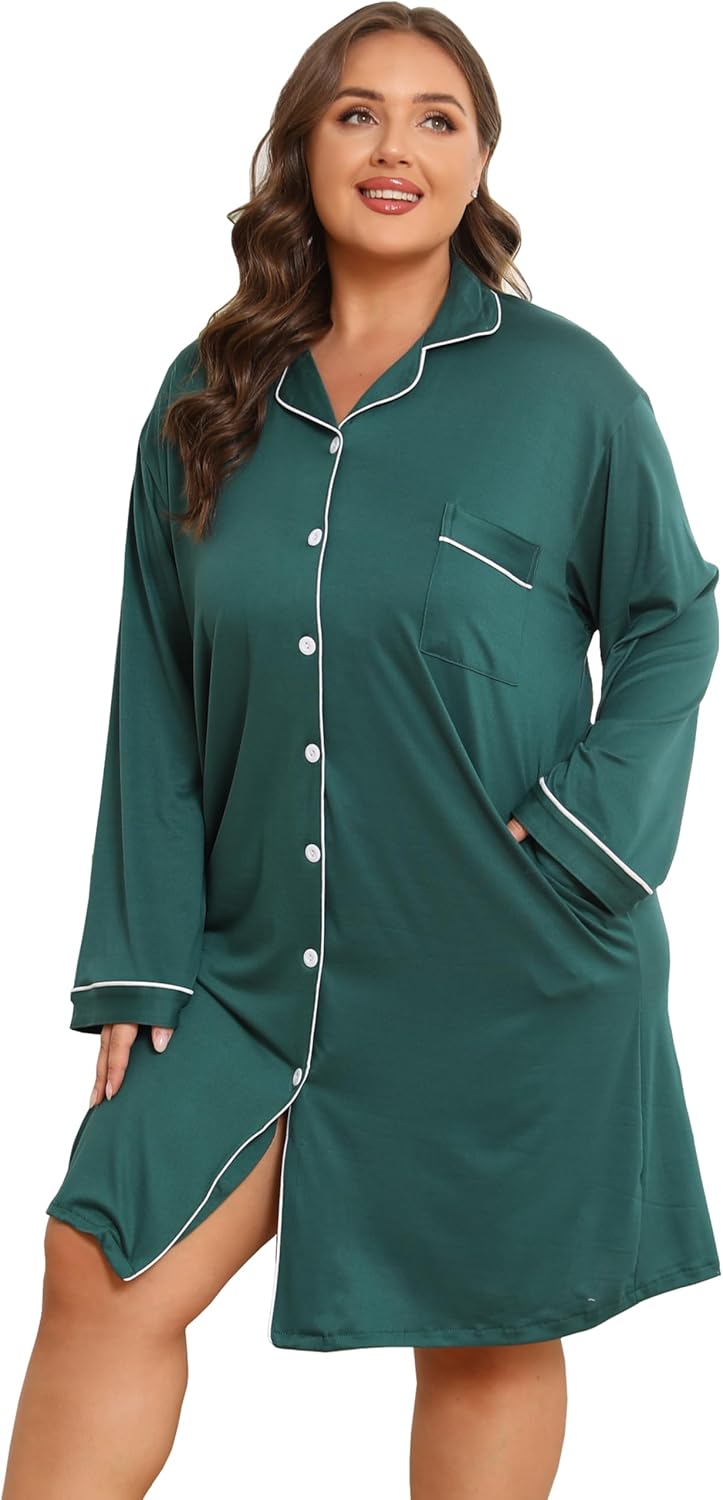 Vozanet Women Button Down Nightgown Plus Size Nursing Nightshirt Long Sleeve Nighty Bridal Dress with Pockets XL-5XL