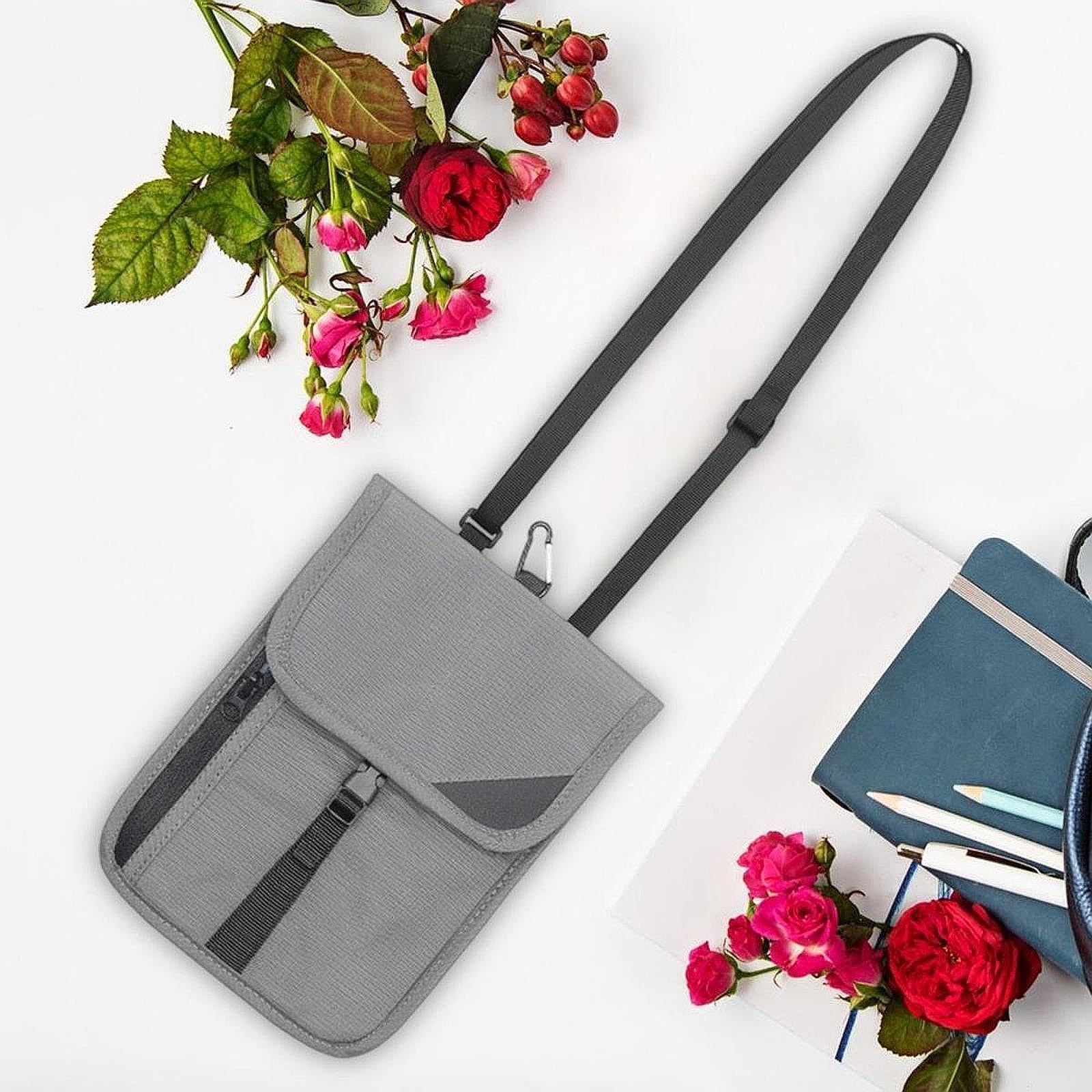 Qianly Pochette de Cou Pochette Passeport Sac Bandoulière Sécurisé en Polyester avec Poches Multiples et Boucle Pratique Adapté aux, Gris FoncÉ
