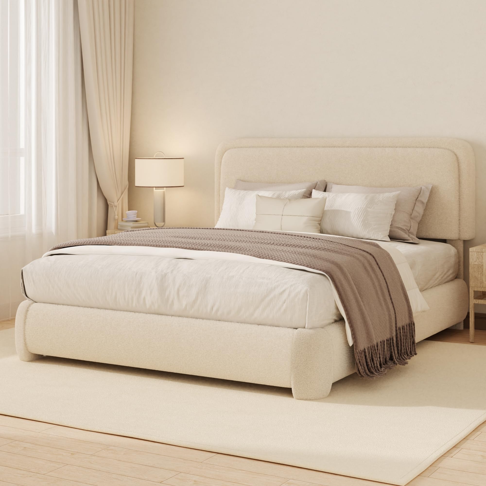 Vcooved Queen Boucle Platform Bed Frame with Height Adjustable Headboard, Modern Upholstered Cloud Bed, Sleek Curved Design, No Box Spring Needed,