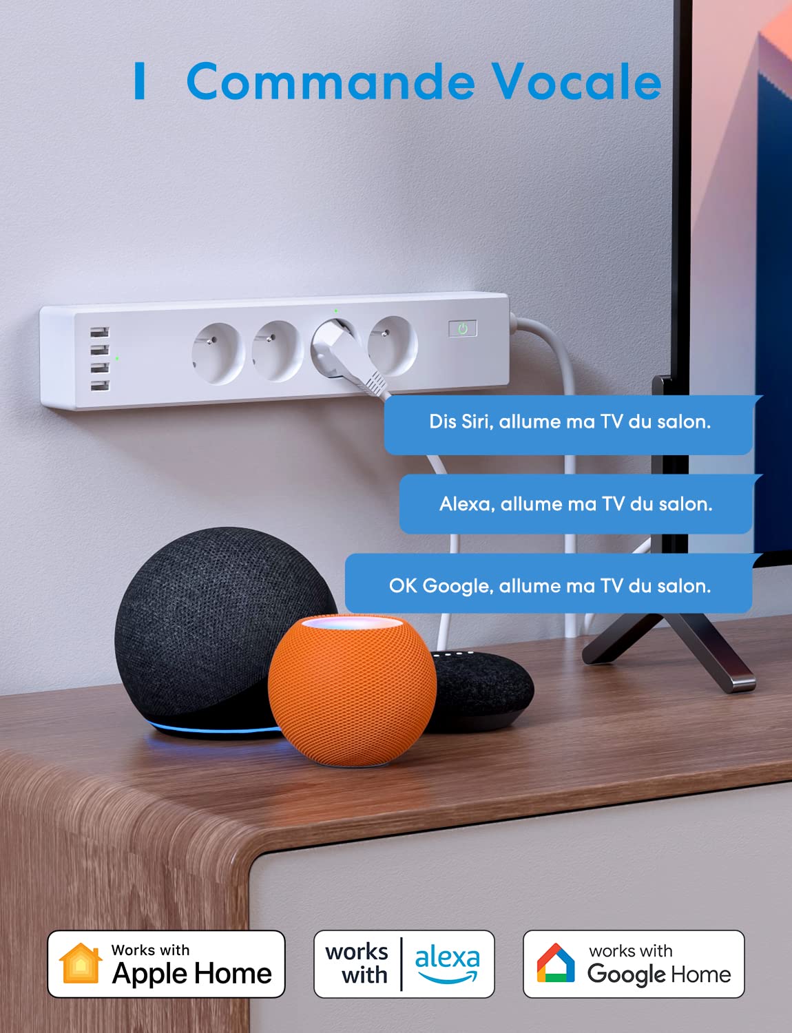 MerossMultipresa collegata (tipo E), 16A WiFi compatibile con Apple HomeKit, Alexa e Google Home (4 prese AC e 4 porte USB), intelligente con controllo vocale