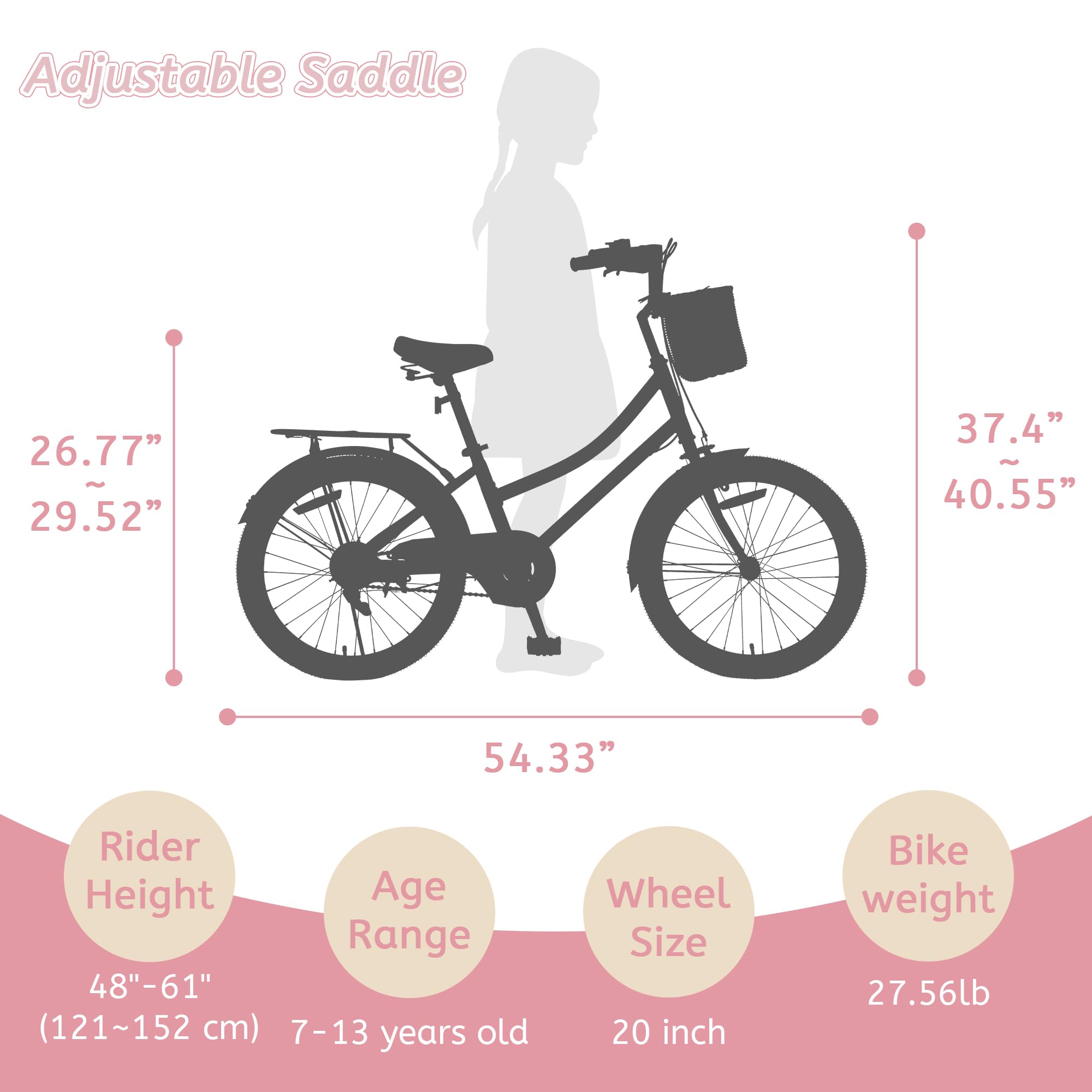 Girls Bike with Basket for 5-13 Years, 20 Inch Kids Bicycle with Bell- Princess Girls Kids Bike,Single Speed Girls Bikes with Carbon Steel Frame and Adjustable Seat Height