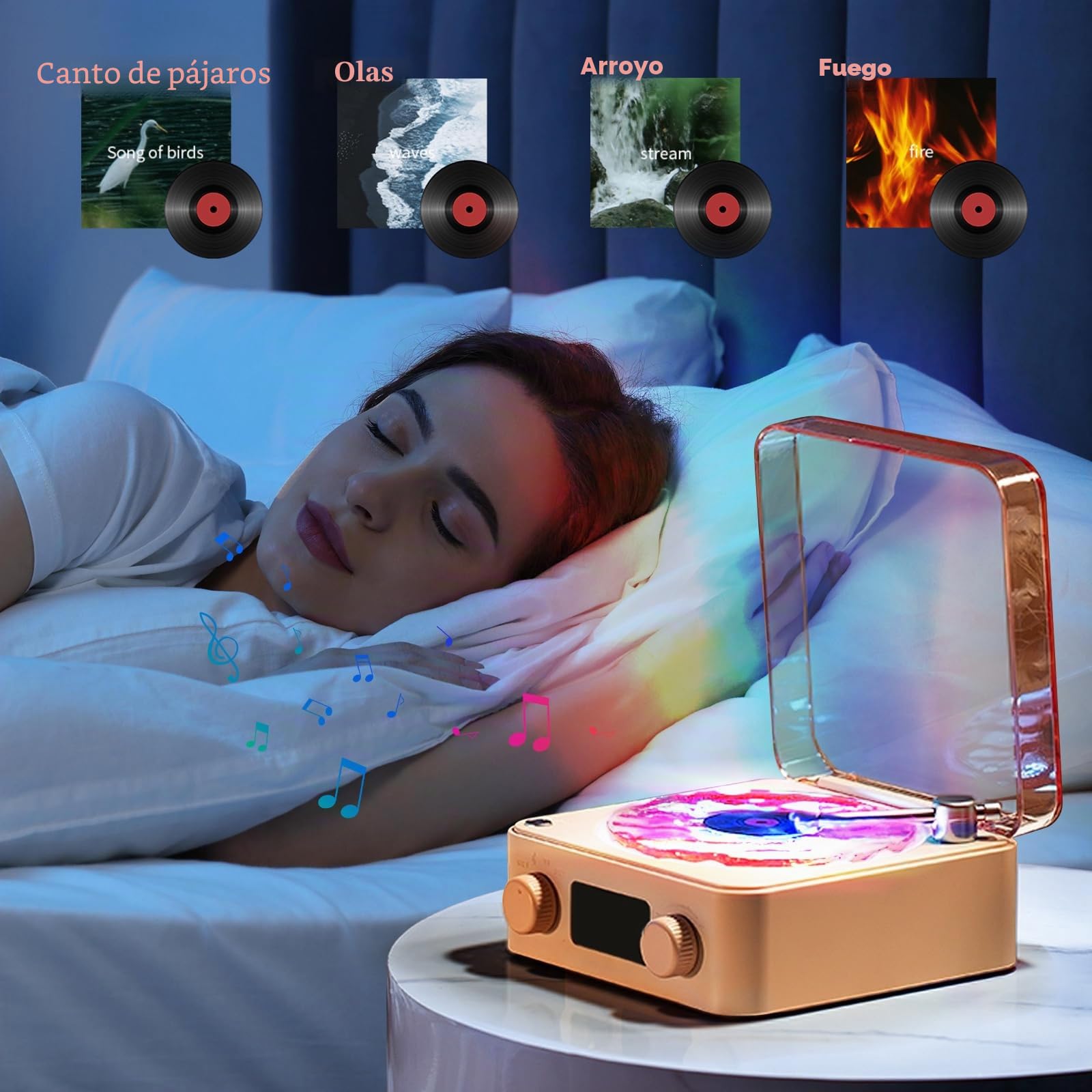 Reproductor de vinilo The Waves Mini altavoz retro de ruido blanco portátil con 4 sonidos de la naturaleza, altavoz portátil de ondas con luz RGB (rosa)