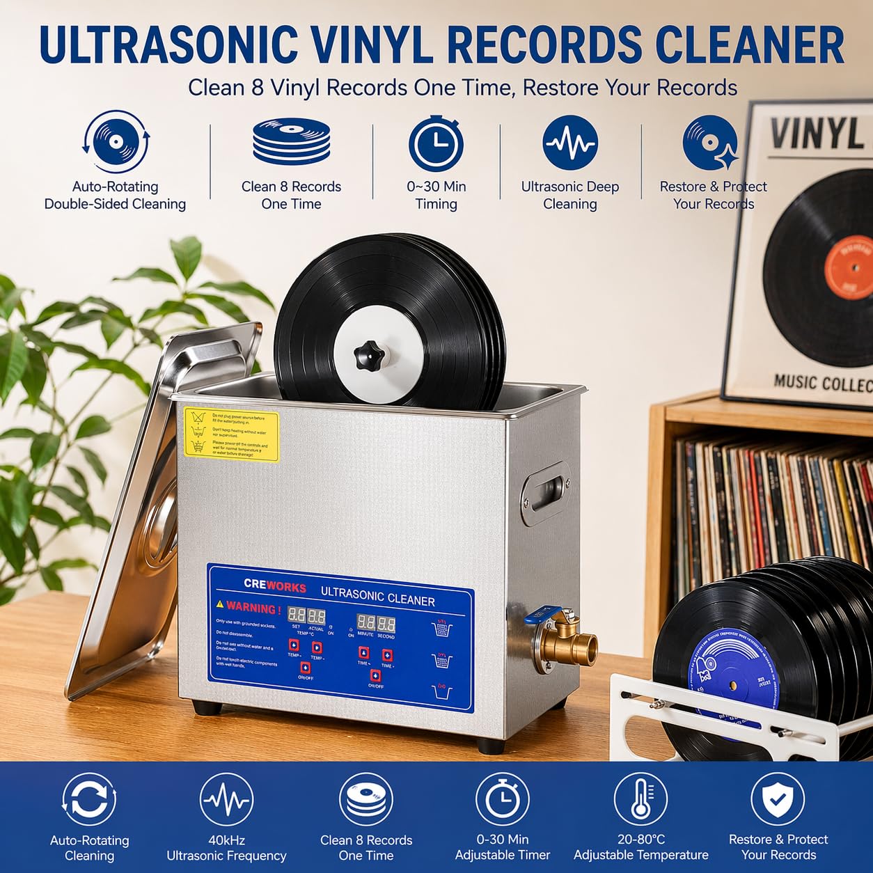 Pulitore ultrasonico per dischi in vinile: pulisce 8 LP contemporaneamente, azione a doppia faccia con rotazione automatica, timer da 0 a 30 minuti, ripristina il suono incontaminato