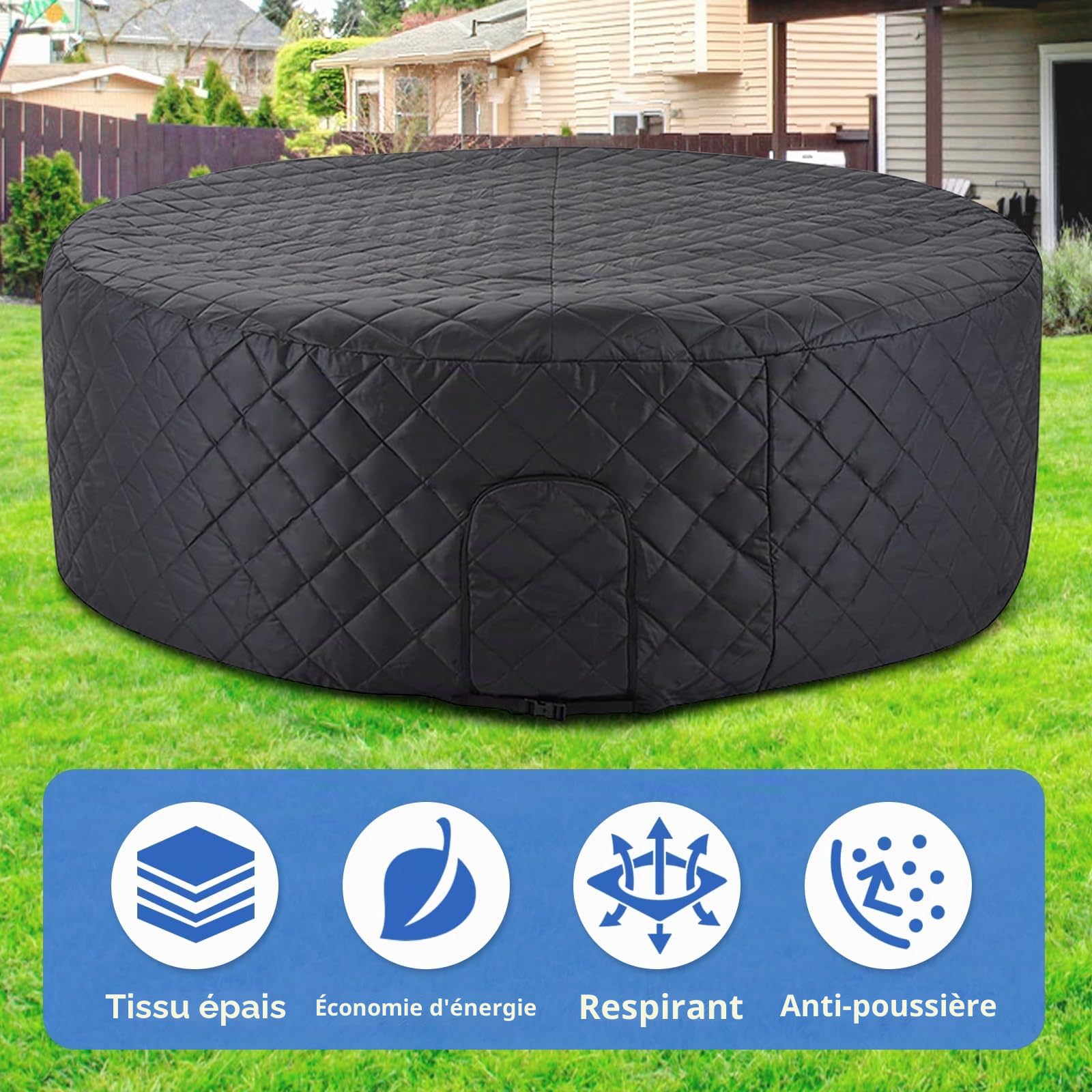 Couverture de Piscine Ronde 208 cm, Couverture de Piscine résistante aux UV avec Boucles réglables et Porte zippée pour l'été et l'hiver, bâche Haute densité indéchirable, Installation Facile