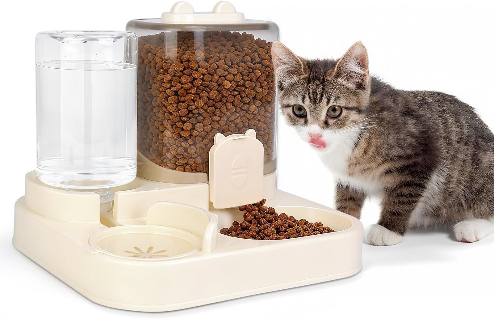 1.6L Gravity Cat Feeder and 0.6L Spill-Proof Water Dispenser, 2-in-1 Automatic Pet Feeding Station, Large Capacity Food & Water Combo for Indoor Outdoor Cats, Small Dogs, Kittens, Rabbits