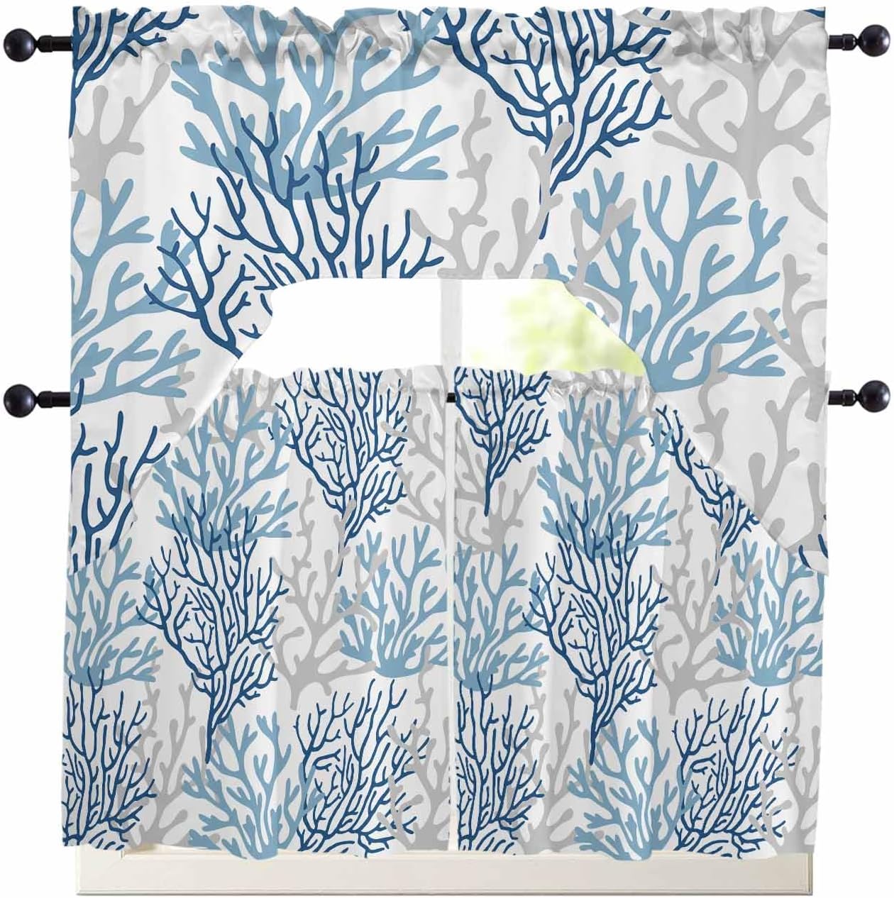 Navy Blue Coral Coastal Kitchen Curtains Swag Valance and Tier Curtains Set 24 Inch Length, Rod Pocket Drape Panels Pair Swag Curtains for Bathroom/Cafe/Window Summer Beach Seaside Nautical