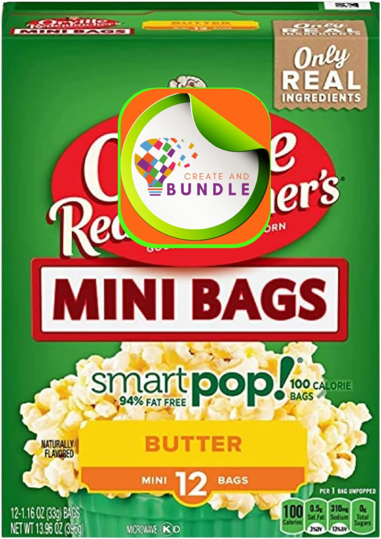 Microwave Popcorn Mini Bags Includes One Box of Butter Popcorn in Mini Bag and a Create Sticker, 1 box contains 12 Mini Bags of Butter Popcorn