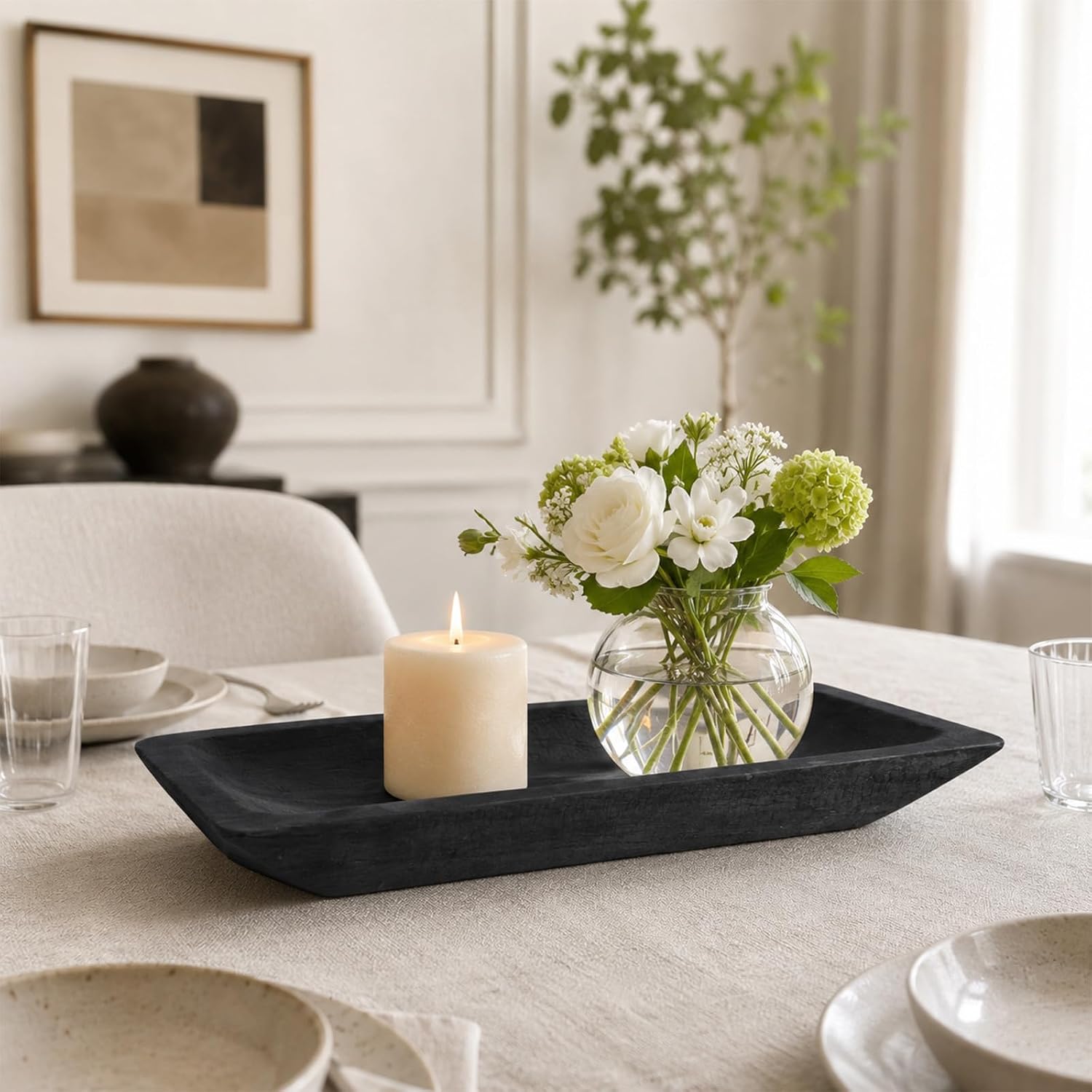 InnoHHustle 14" Black Wood Decorative Bowl for Table Centerpiece Long Rustic Dough Bowl for Decor